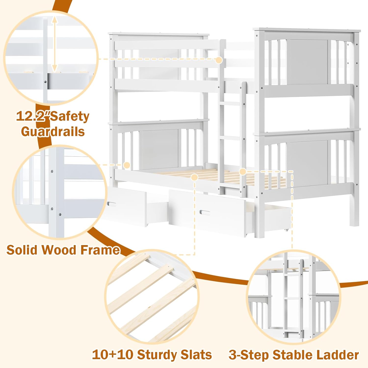 Bunk Bed Twin Over Twin with Storage Drawers, White Convertible Wood Twin Bunk Beds with Ladder and Safety Guardrail, No Box Spring Needed (White)