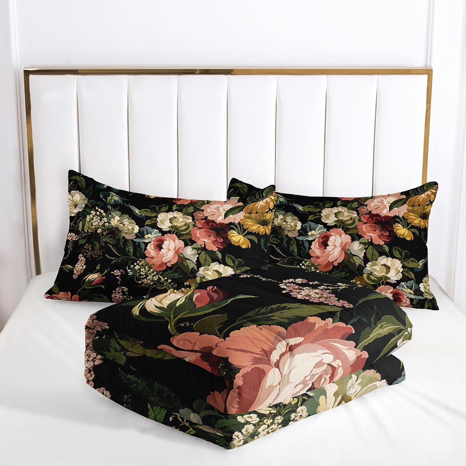 Black Floral Comforter Set Queen Colorful Floral Bedding Sets 3PCS for Kids Teen Adult Flowers Leaves Room Decor Ultra-Soft Lightweight Microfiber 1 Comforter with 2 Pillowcases - Image 6