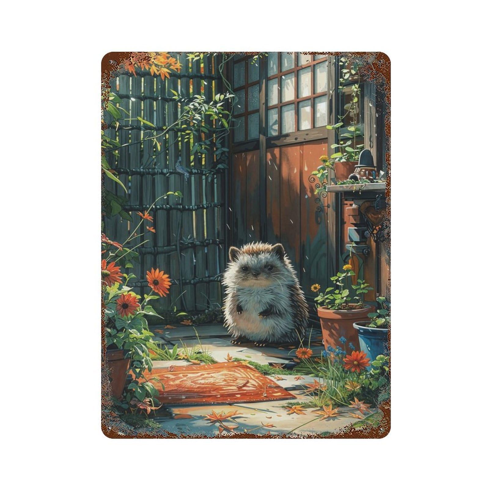 Cute Hedgehog Greenhouse Rustic Tin Plaque 15.7"x11.8", for Shed, Workshop And Garage Wall Decor, Shabby Chic Decor