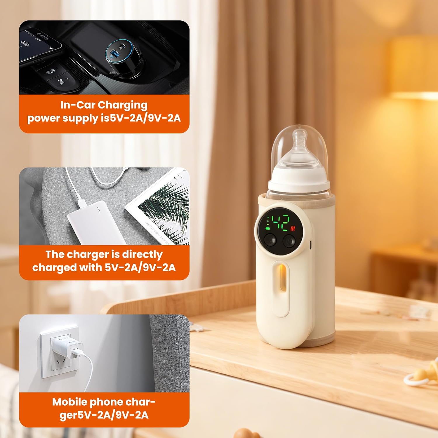 Portable Baby Bottle Warmer, Baby Milk Warmer, Rechargeable 8000mAh Battery, Breast Milk Warmer with Defrost Function, Compatible with All Baby Bottles Ideal for Home and Travel Use