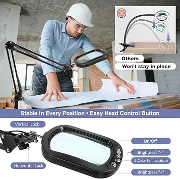12 x Magnifying Glass with Light and Clamp LED Real Glass Magnifier with Light and Stand 5 Colour Modes Dimmable Reading Magnifier for Seniors Large Swivel Arm Magnifier Hands-Free for Crafts Hobby Painting Close Work