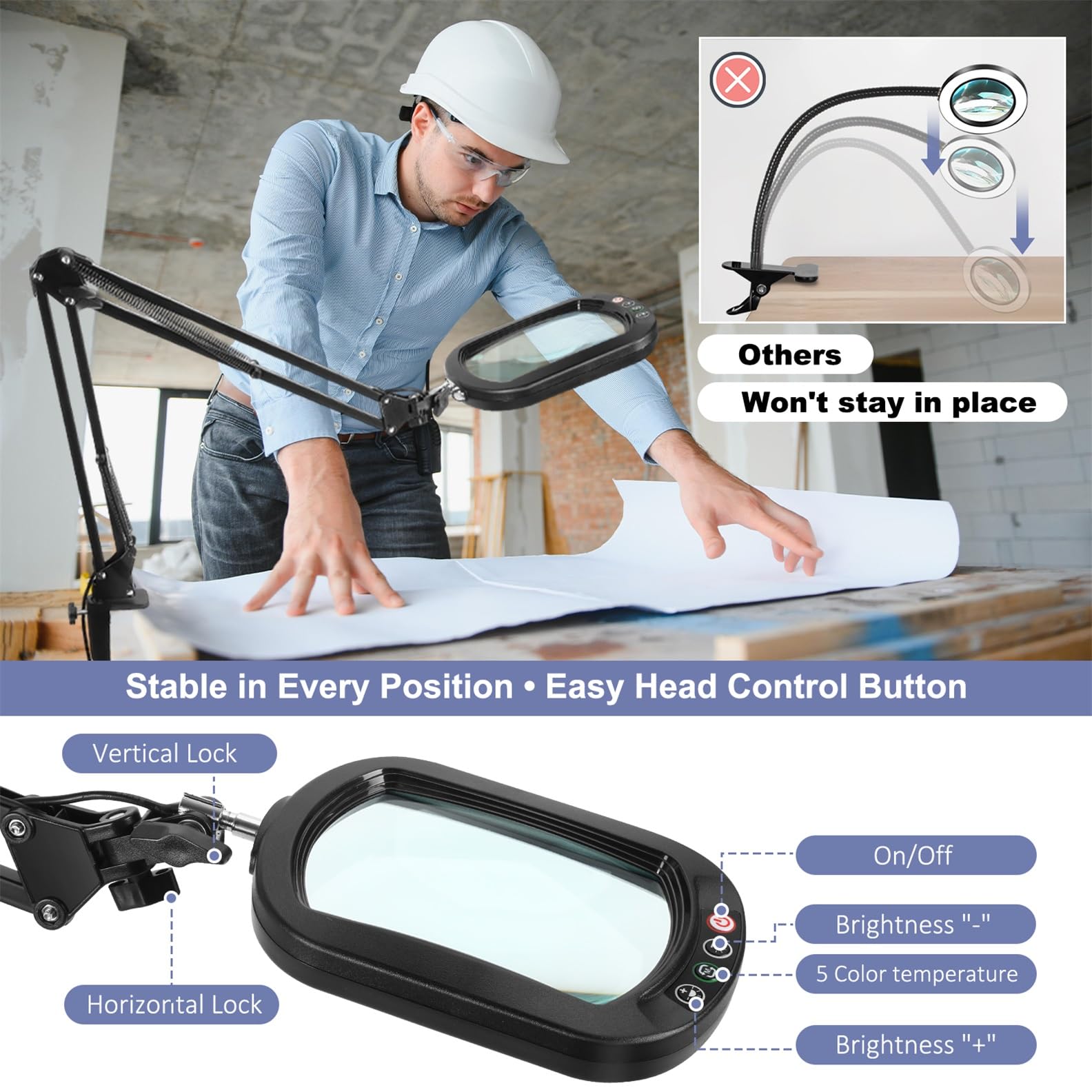 Lupa de 10 unidades con luz y pinza, lupa de cristal real LED con luz y soporte, 5 modos de color regulable para personas mayores, lupa de brazo giratorio manos libres para manualidades, aficiones