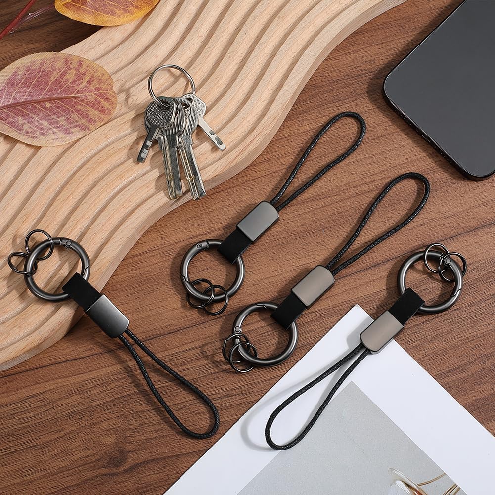 GORGECRAFT 4Pcs Adapter Connection Rope Strap Genuine Leather Keyring with Strap Short Lanyard Car Keychain Finger Ring Clips Connectors for Small Electronic Devices MP3 Player Keys ID Card (Black) - Image 5