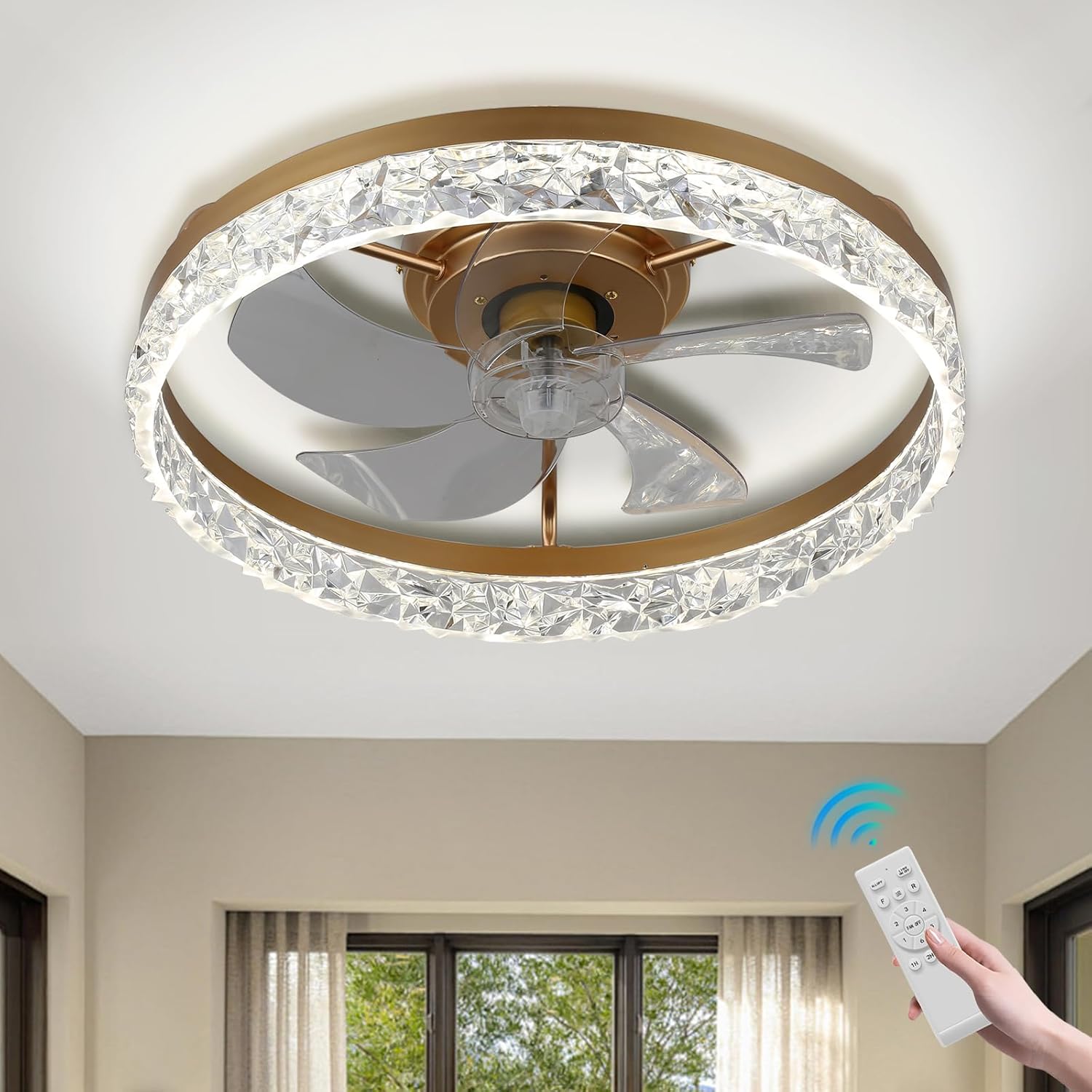 FRIXCHUR 20" Gold Dimmable Low Profile Ceiling Fan with LED Light, Crystal Bladeless Flush Mount Ceiling Fan, 6 Speeds, Timing Function, 3 Light Colors 1-Gold