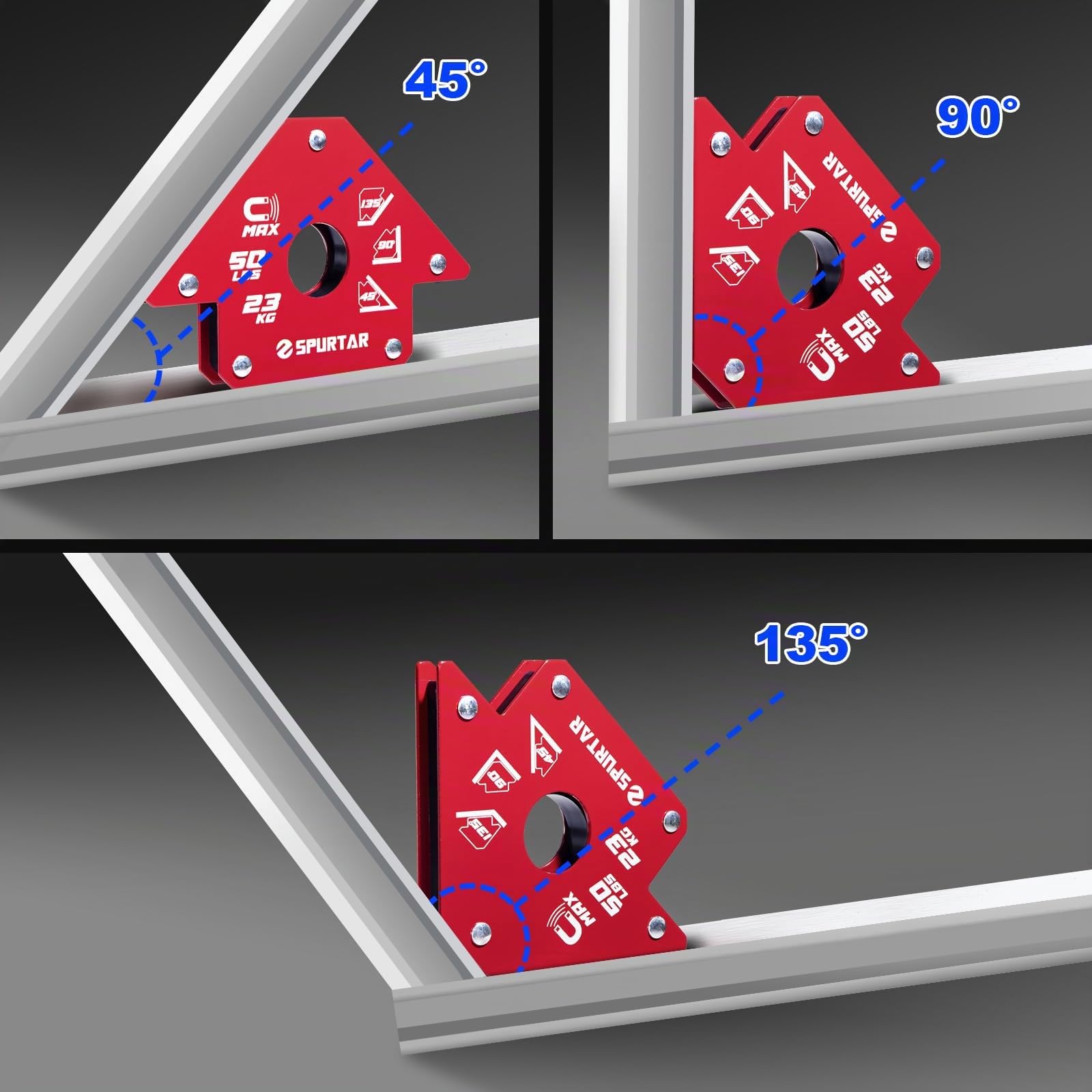 Spurtar 4Pcs 23kg/50lbs Flèche Aimants Soudure Solides Travail du Métal Outils Mig et Équipement Pinces De Soudage Magnétiques Soudeur Atelier Soudage, Aimant Angle 45, 90, 135 Degrés
