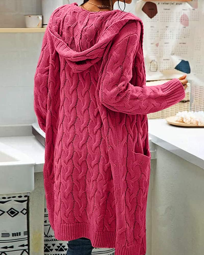 Strickjacke Damen mit Kapuze Langarm Grobstrick-Cardigan Open Front Sweater Herbst Winter Casual mit Taschen