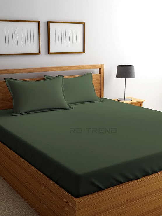 PRINDA Glace Cotton King Size (72 x 78 inch) Elastic Fitted Double Bedsheets with 2 Pillow Covers - Military Green