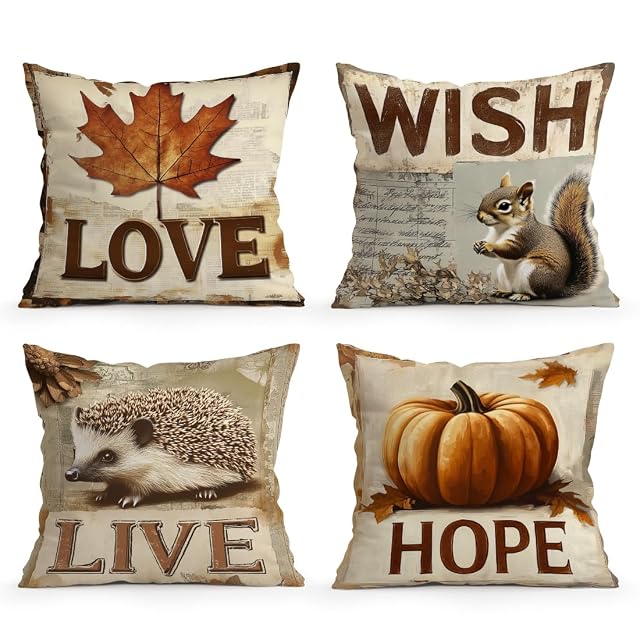 ORMAN Autumn Pumpkin Pillow Covers 18x18 Inch Set of 4 Squirrel Harvest Throw Pillow Covers Maple Cushion Case