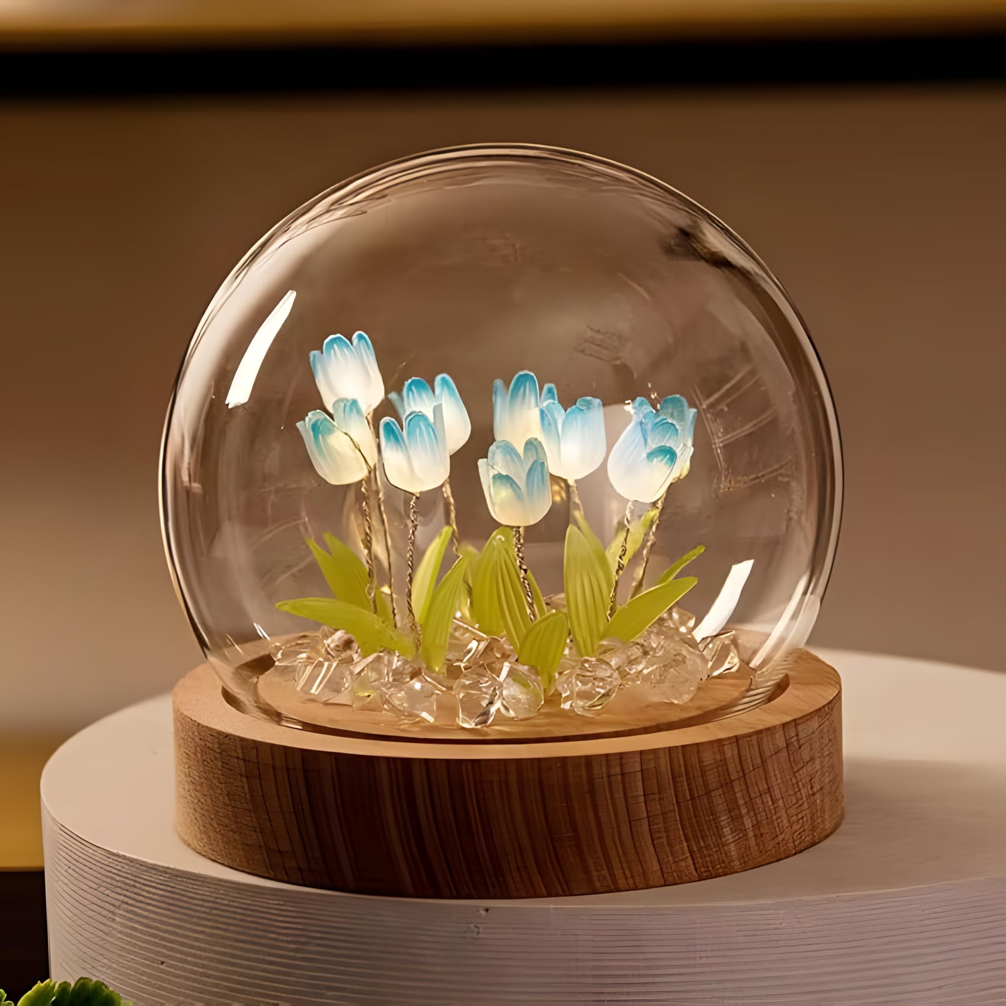 One94Store Tulip LED Night Light – Decorative Glass Table Lamp with 10 Artificial Flowers, Soft Glow for Bedroom, Living Room, Birthday & Gifts (8 cm, Blue-Color)