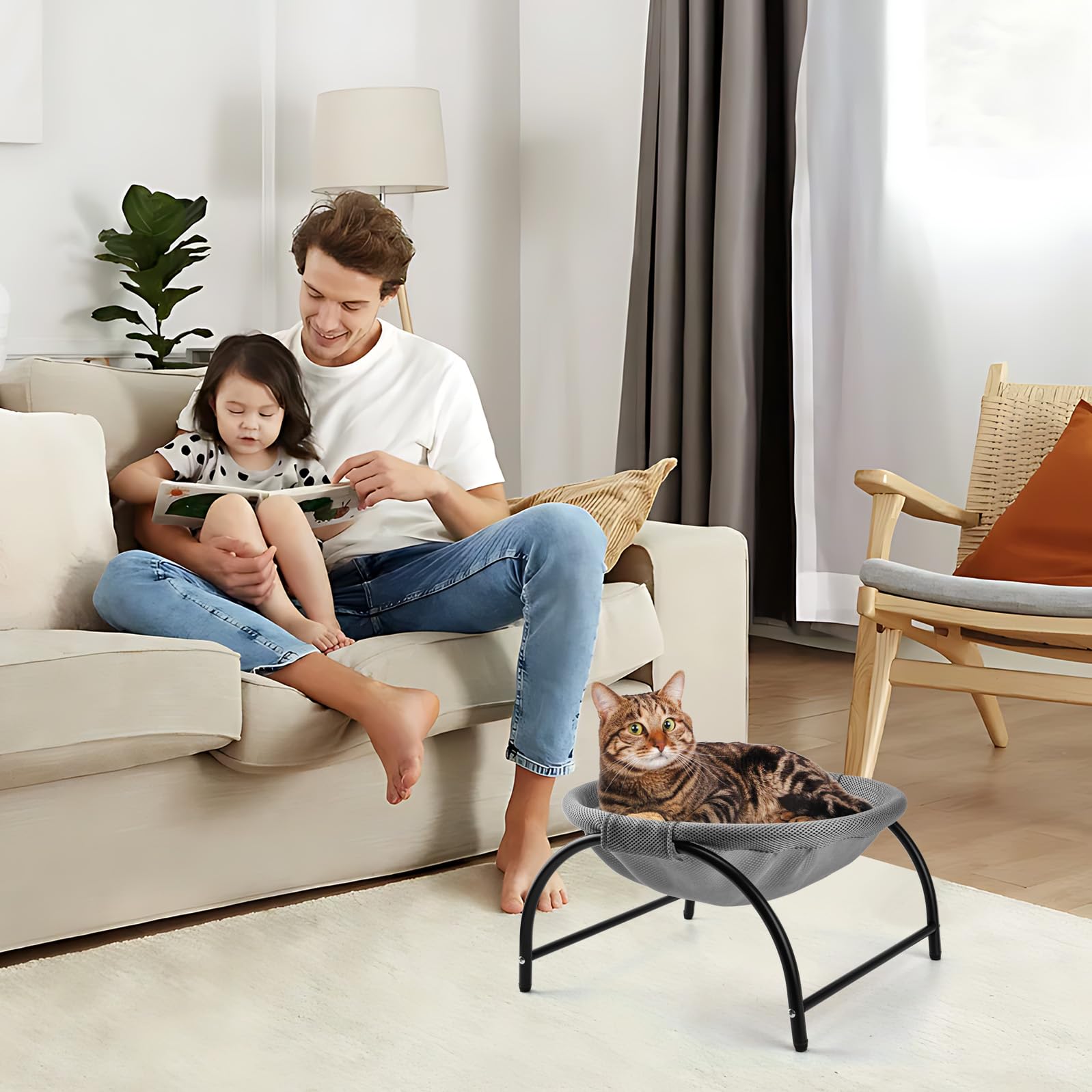 LIFLIX Katzenhängematte Outdoor, Erhöhter Katzenbett mit abnehmbarem, Waschbarem Netzstoff, Stehend Hängematte Katzen für Innen-/Außenbereich (Grau)