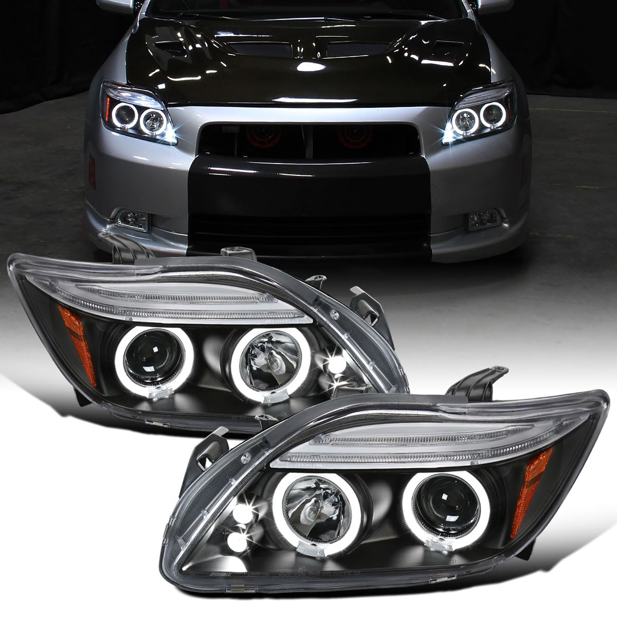 Ronnin - Fits 2005-2010 Scion tC LED Halo Rims Projector Headlights Upgrade Assembly Pair | Black