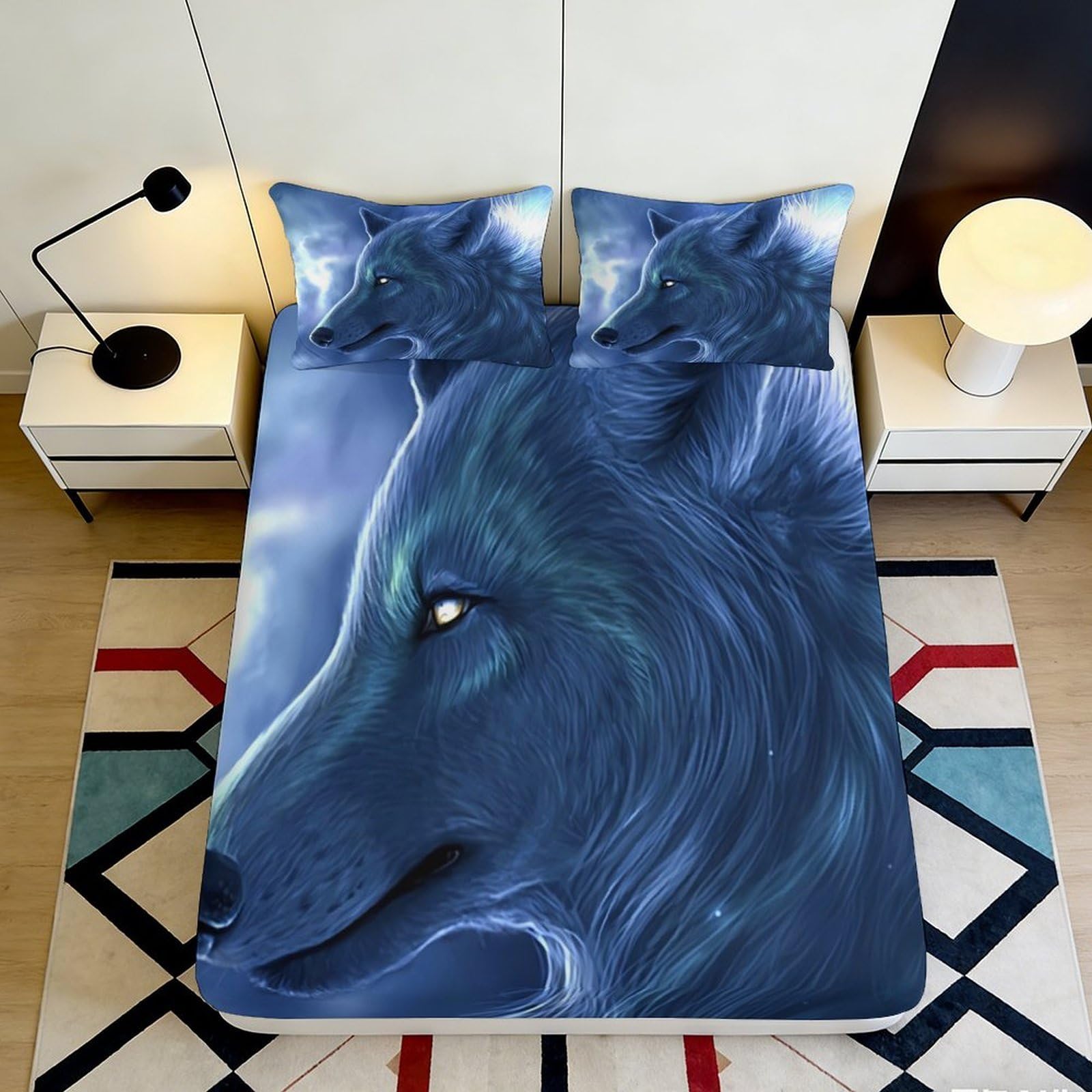3D Printed Blue Wolf Fitted Sheet Microfiber Bedroom Decor Animal Pattern Mattress Cover for Home Dorm 90x200x25cm
