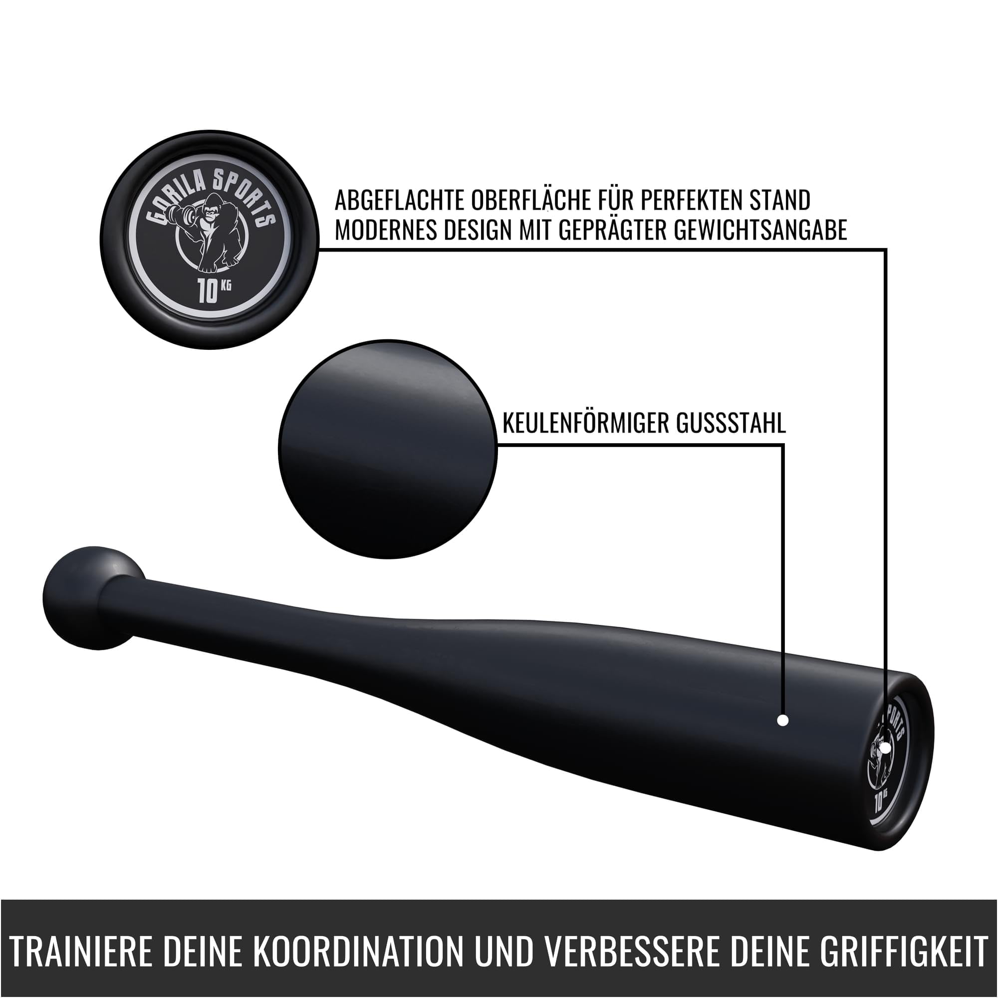 GORILLA SPORTS® Indian Clubbell - 2kg, 4kg, 6kg, 8kg, 10kg, 12kg, 15kg, 20kg Gewichte, Einzeln oder Set, aus Stahl, Schwarz - Indian Clubs, Schwungkeule, Turnkeule, Schwung-Keule