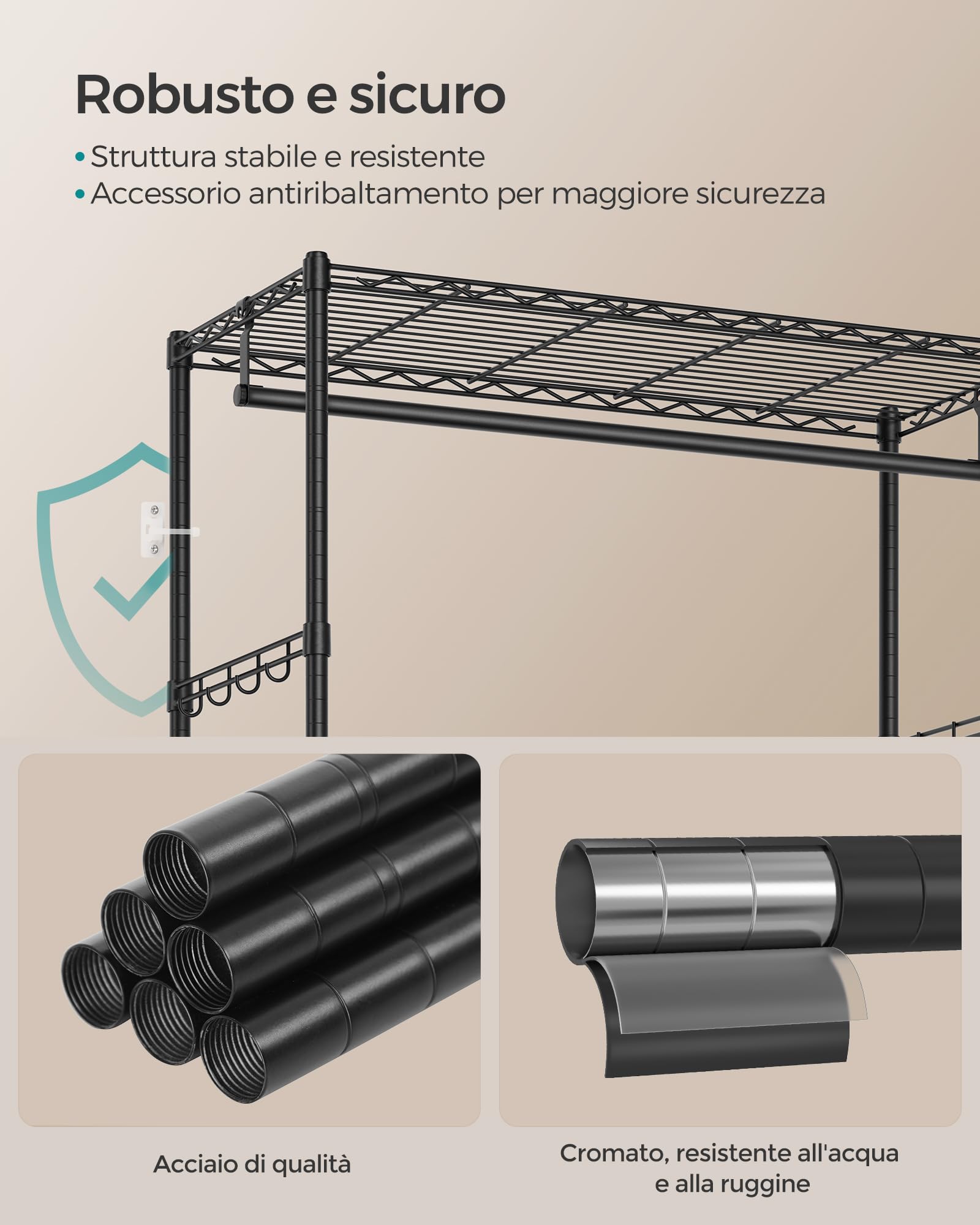 SONGMICS Armadio, Guardaroba in Metallo con Ripiani a Rete, 2 Cassetti in Tessuto, Barra Appendiabiti e Ganci, Stand Appendiabiti, Nero Inchiostro LGR411B02
