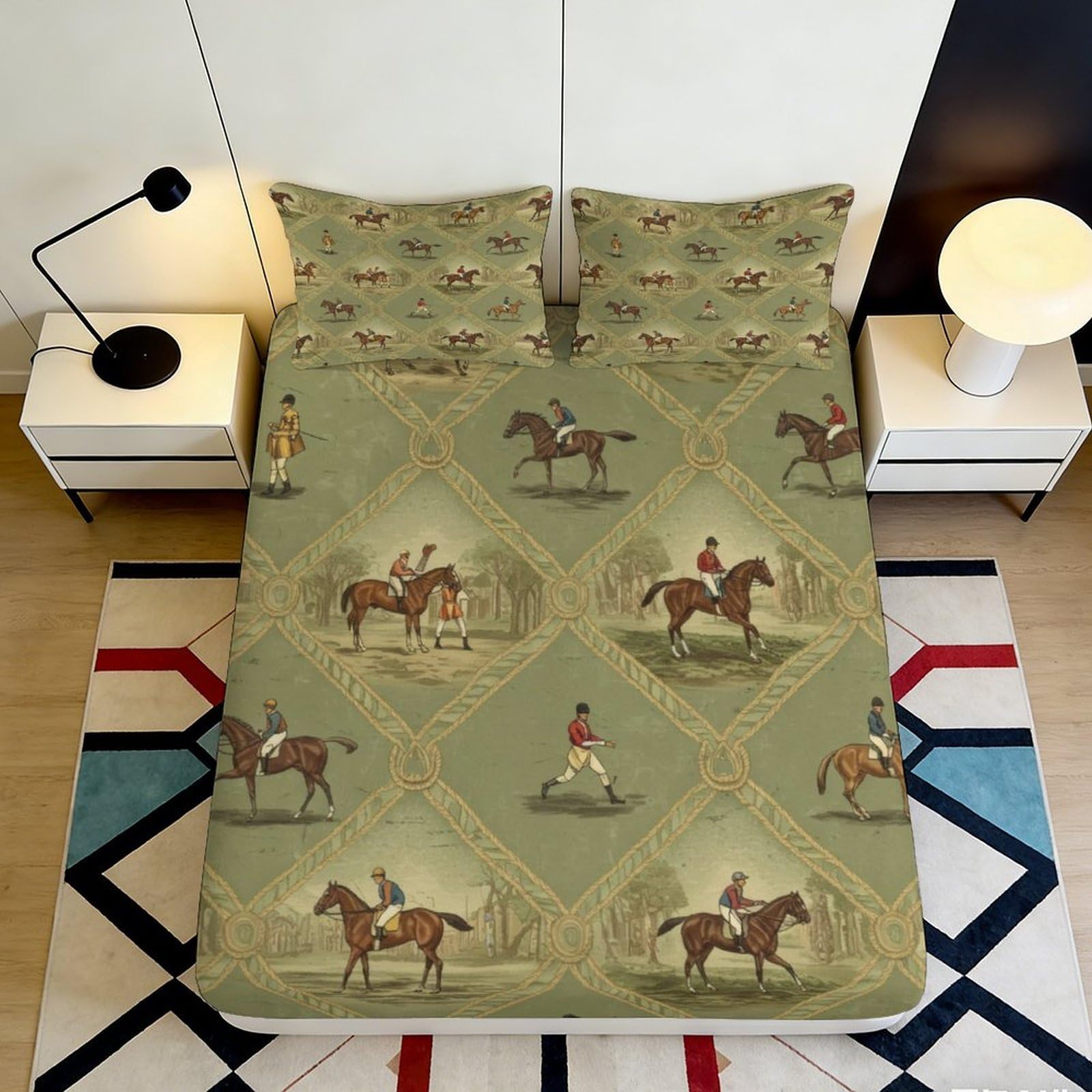 3D Printed Vintage Equestrian Fitted Sheet Microfiber Soft Horse Rider Mattress Cover Anti-Slip Easy Care for Bedroom Guest Room Decor 90x200x25cm