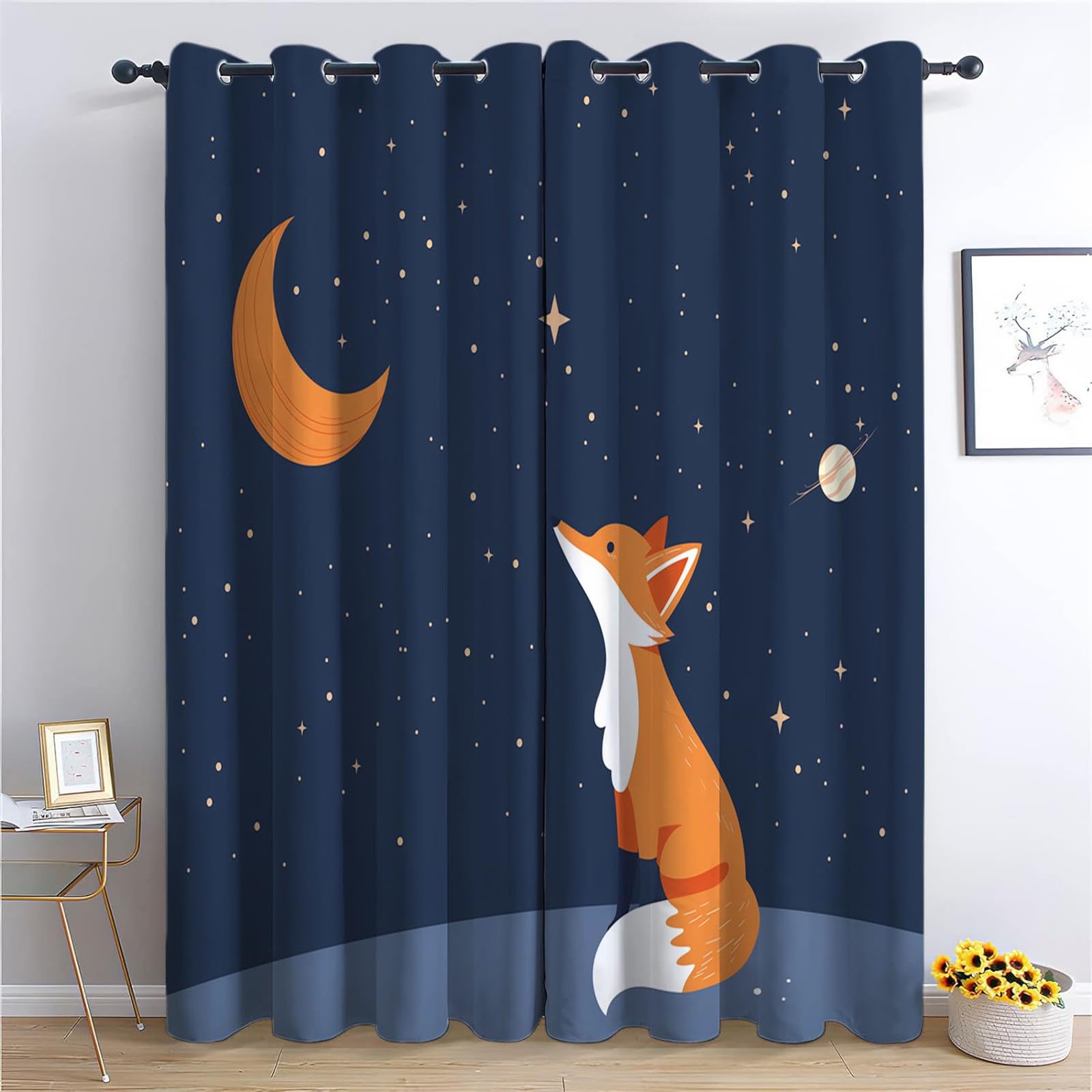 100% Verdunkelungsvorhänge H245 x B280 cm, Cartoon Tier Fuchs Sterne Thermo Isoliert Lärmminderung Vorhänge, Polyester Anti Fade Dunkelblau Vorhange für Schlafzimmer Wohnzimmer Kinderzimmer