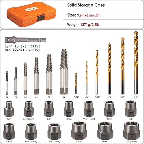 Miniatura 2 de XEWEA Juego de 26 extractores de tornillos y pernos con kit de broca de mano izquierda con adaptador hexagonal, juego de llaves de vaso para quitar