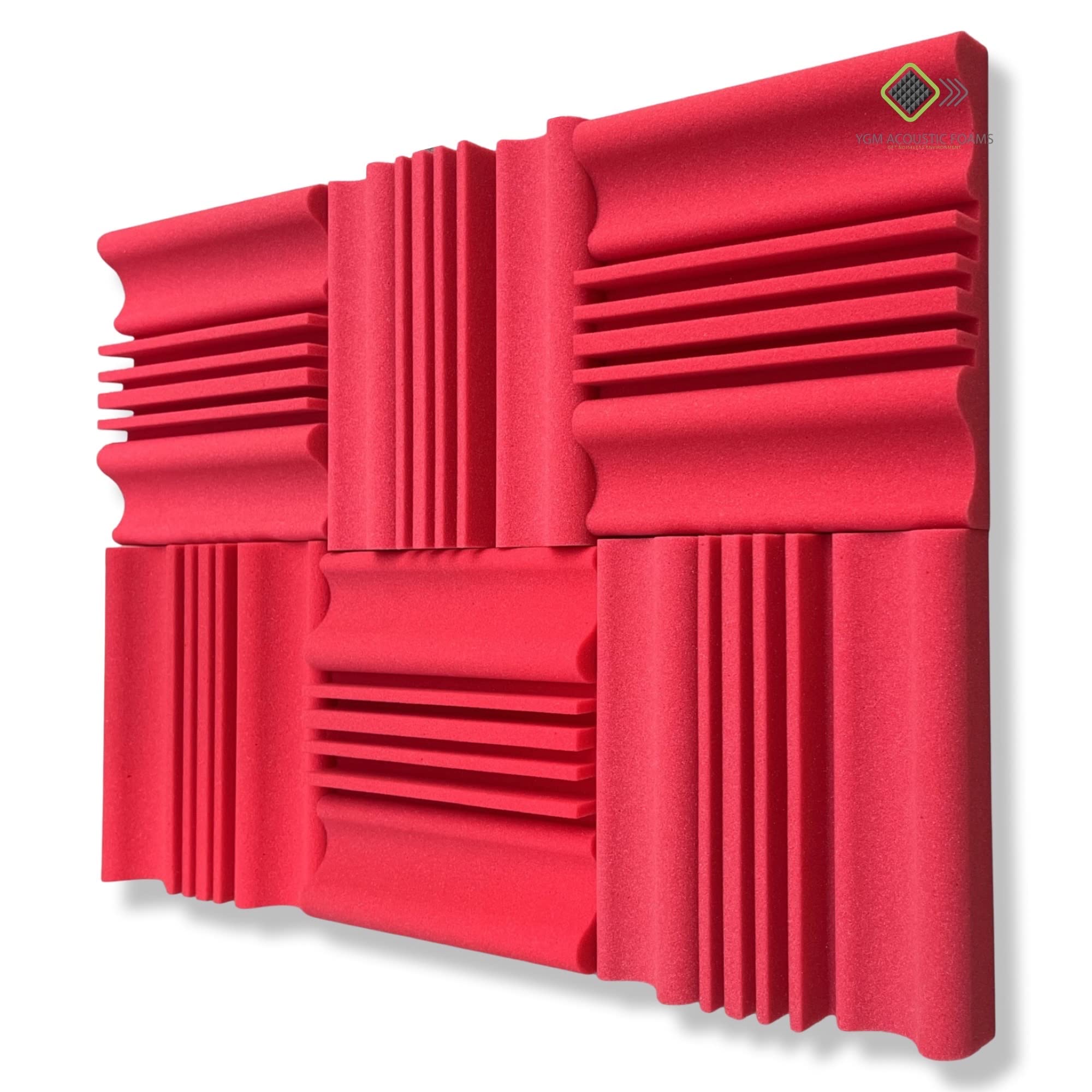 YGM Acoustic Foams® Wave Diffuser Premium Studio Absorption Foam Wall Panel - PACK of 6, RED, 12'' X 12'' X 2'' Broadband Sound Absorber - Periodic Groove Structure