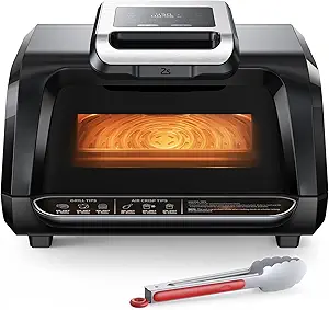 Indoor Grill Air Fryer Combo - 7-in-1 Smokeless Electric Air Grill with See-Through Window, Non-Stick Removable Plates, Even Heat, and Silicon Tongs - 4Qt, 1750W, Up to 450°F