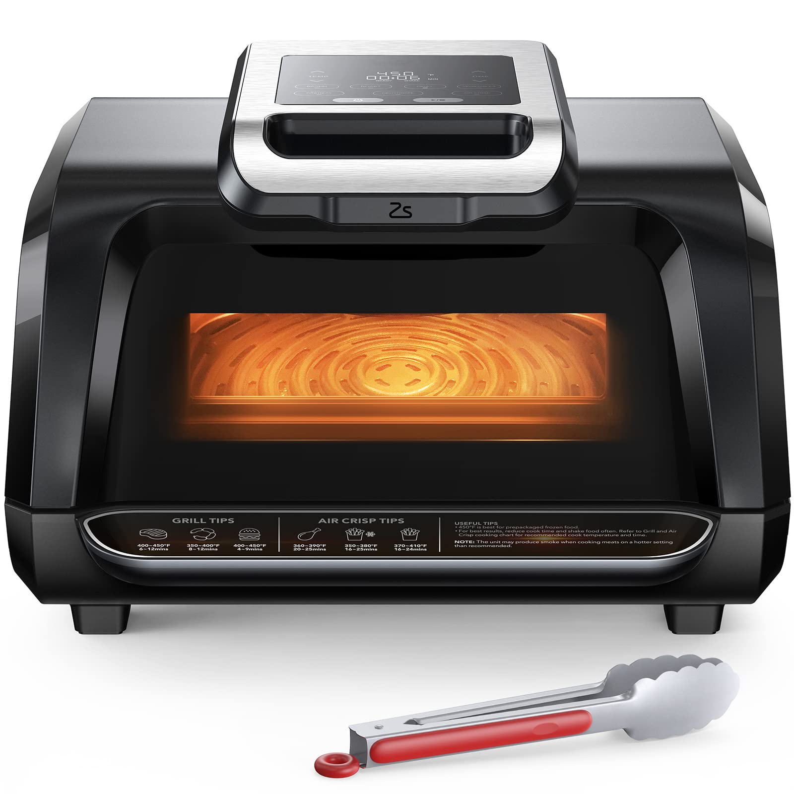 ACONEE Indoor Grill Air Fryer Combo - 7-in-1 Smokeless Electric Air Grill with See-Through Window, Non-Stick Removable Plates, Even Heat, and Silicon Tongs - 4Qt, 1750W, Up to 450°F