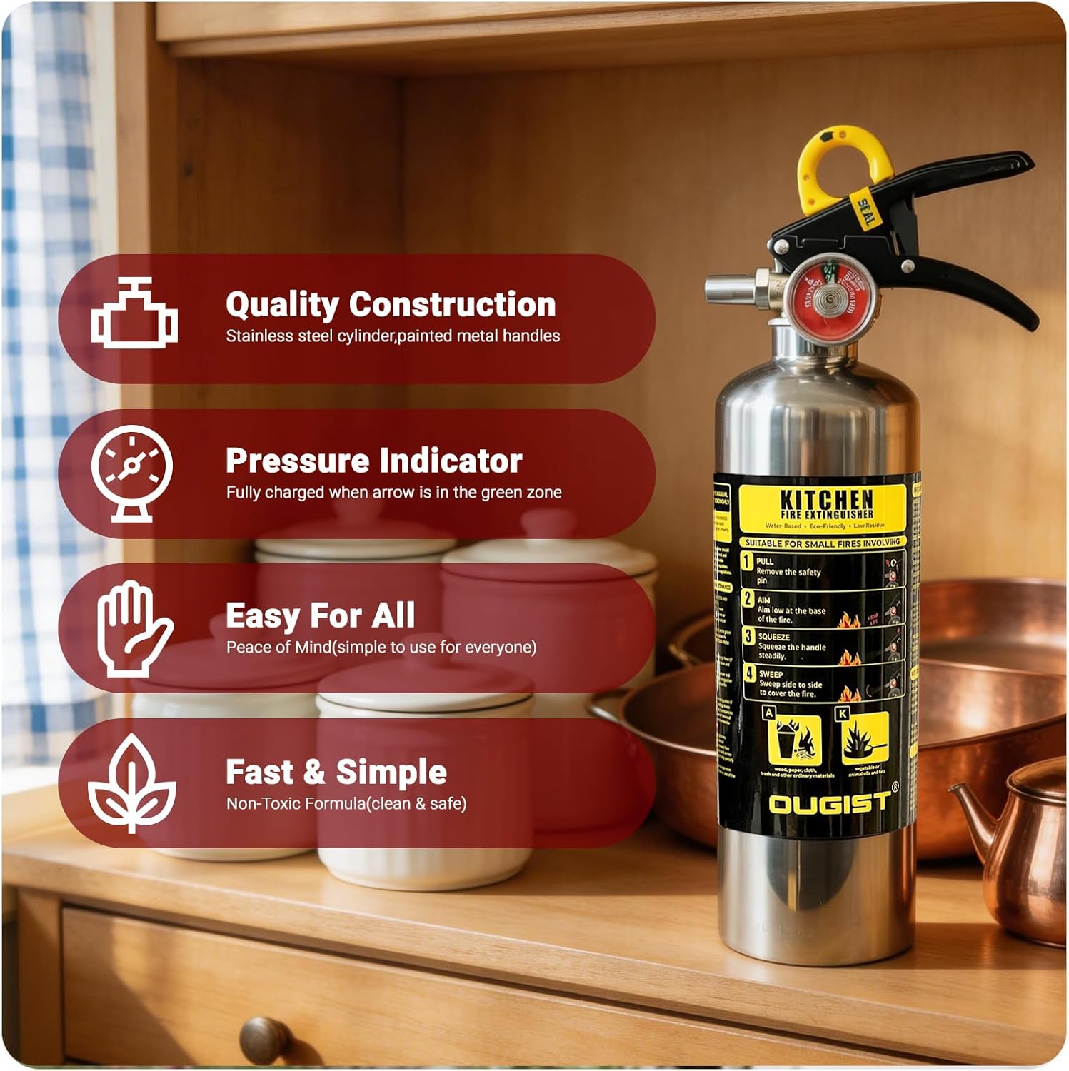 Ougist Class K Fire Extinguisher, 40 Fl Oz Wet Chemical, Quick-Pull Handle, Kitchen Fire Extinguisher for Grease Fires, Built for Daily Peace of Mind