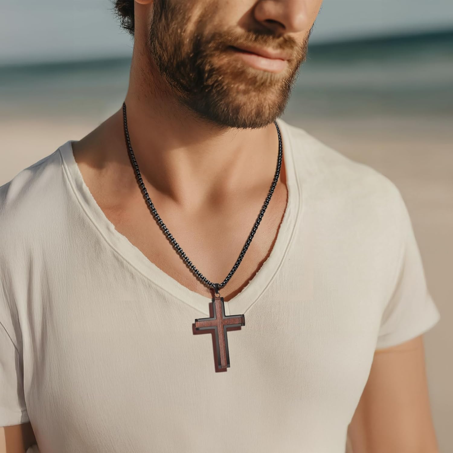 Wooden Cross Necklace for Men, Authentic Handmade Ebony Production, Black Mens Cross Necklaces Christian Baptism Pendant, 24 Inch Stainless Steel Box Chain, Simple Jewelry Gifts Suitable for Men - Image 4