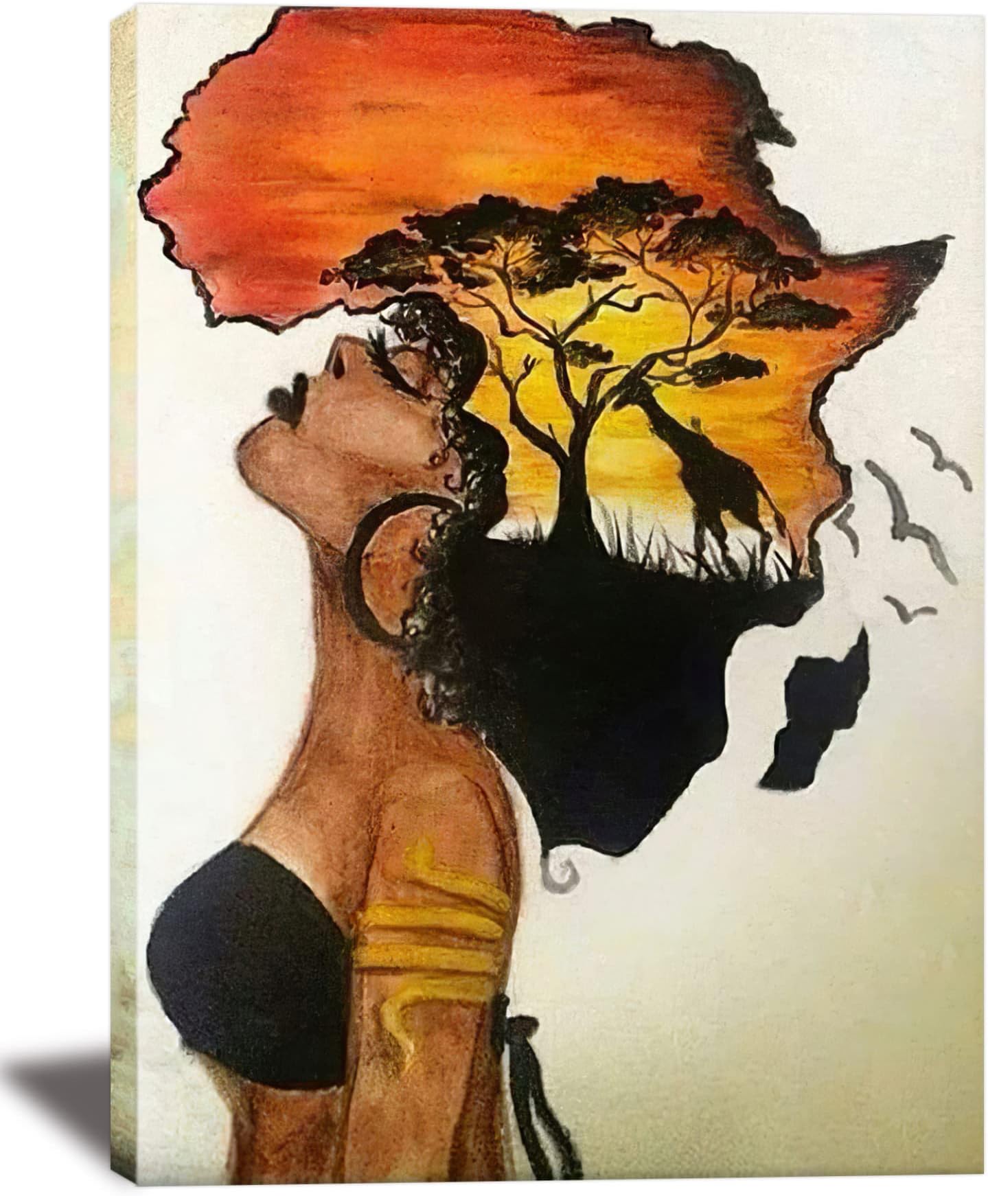 Framed African American Wall Art Homesick African Woman Posters Canvas Painting Black Girl Abstract African Sunset Landscape Wall Decor Picture Prints Art for Living Room Bedroom Home Decoration
