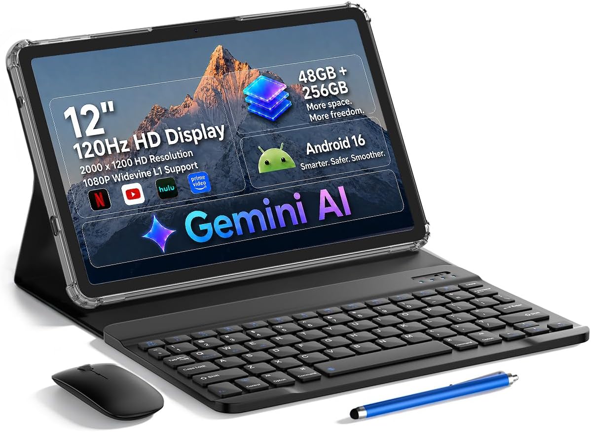  12 inch Android 16 Tablet with Keyboard, 48GB+256GB+2TB Expand, 120Hz 2K IPS Display, Gemini AI, 10000mAh, Octa-Core, WiFi 6, 13MP Camera, Large Tablet PC with Case, Mouse, Stylus (Gray)