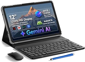 HNVHNV 12 inch Android 16 Tablet with Keyboard, 48GB+256GB+2TB Expand, 120Hz 2K IPS Display, Gemini AI, 10000mAh, Octa-Core, WiFi 6, 13MP Camera, Large Tablet PC with Case, Mouse, Stylus (Gray)