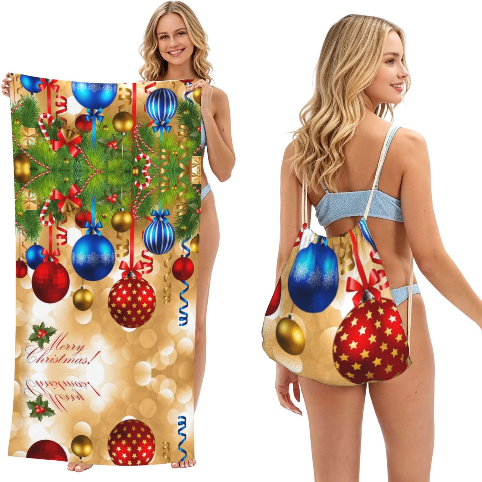 ESNAIUVCD Merry Christmas Print Beach Towel For Adults,Towel With Drawstring Bag, Travel Pool Swimming Sports Shower Sand Free Quick Dry Bath Towel For Pool, Beach, Yoga- 180x60cm