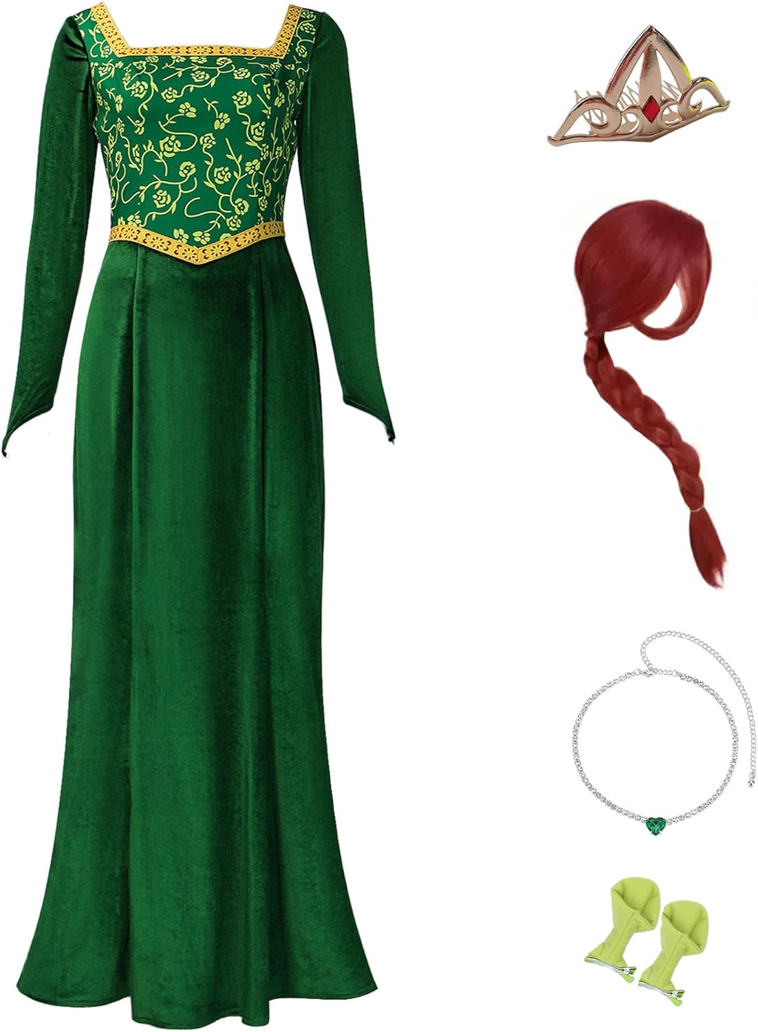 Princess Costume Dress for Women Long Sleeves Green Velvet Gown Elegant Party Dress