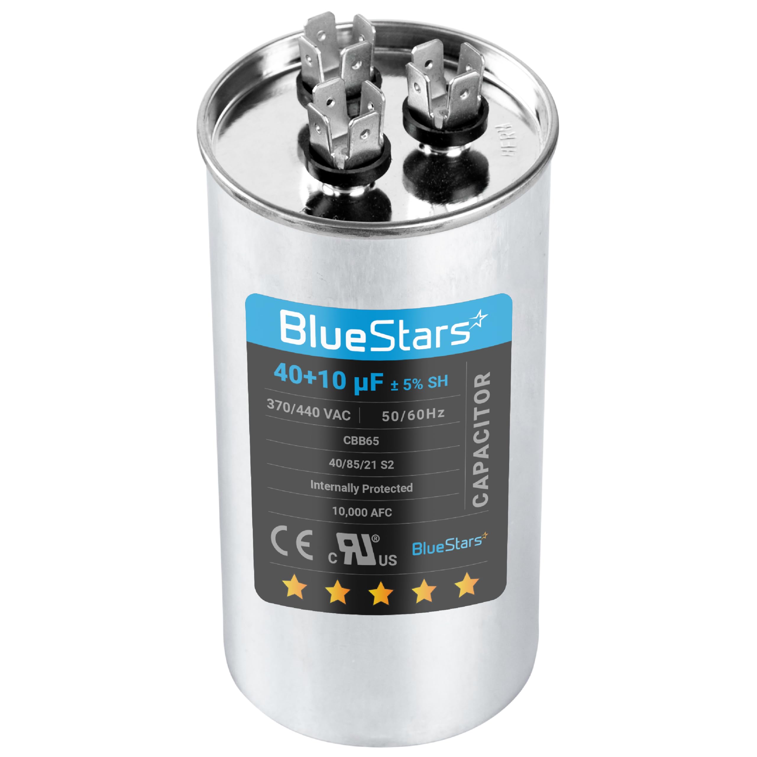 [UL Certified] 40+10 uf 40+10 MFD 370-440VAC ±5% Volts Round Run Start Capacitor Electric Replacement Part by BlueStars - Exact Fit for HVAC, Air Conditioners, Heat Pumps