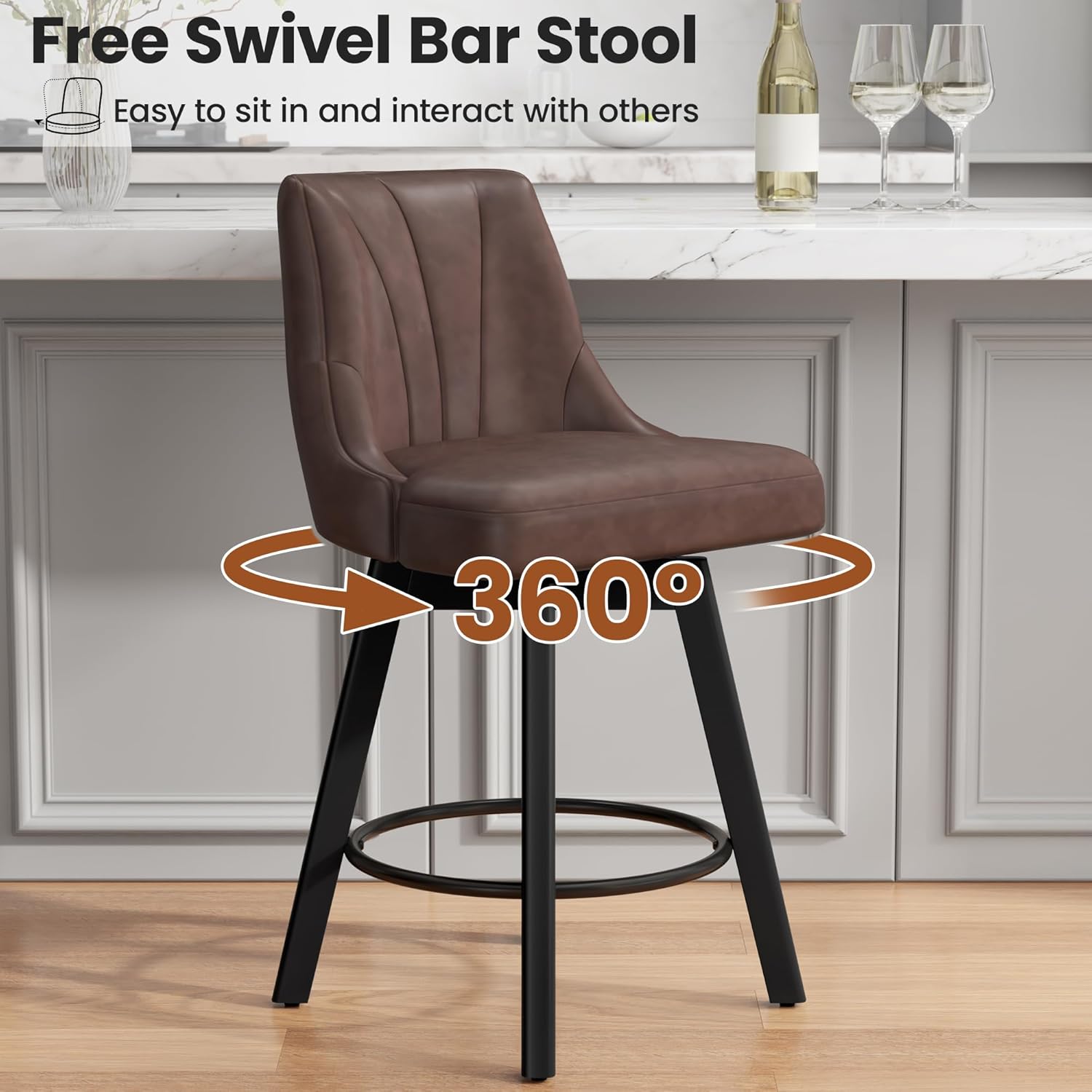 REONEY Counter Height Swivel Bar Stool, 24" Upholstered PU Leather Barstools Set of 2, Counter Stool Chair with Back & Solid Wood Legs for Kitchen Island Dining Room (Brown)