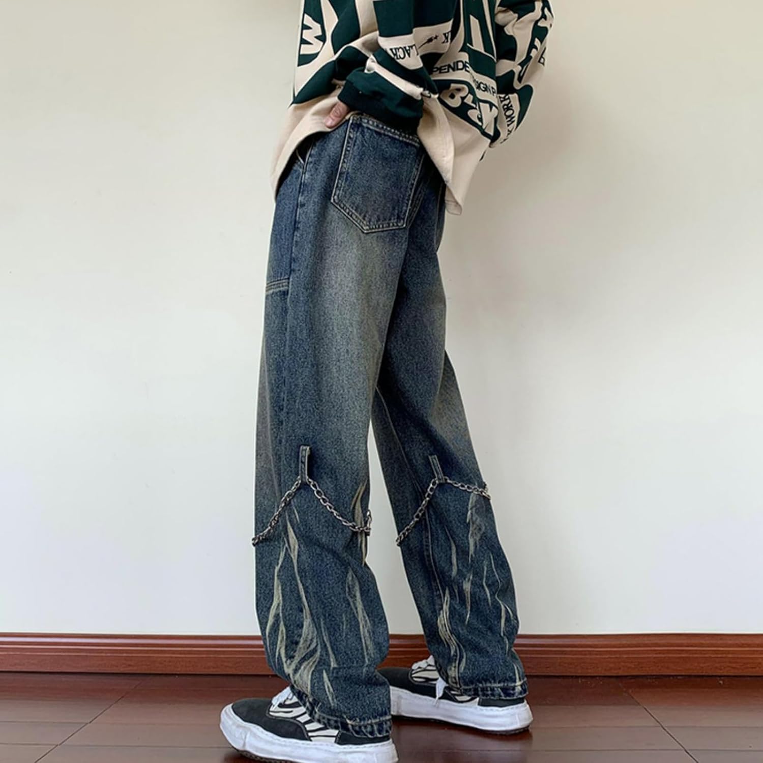 [Anybird] メンズ ビンテージ ウォッシュド ジーンズ 原宿 ルーズ ジーンズ Y2K パンク メタル チェーン デコレーシ