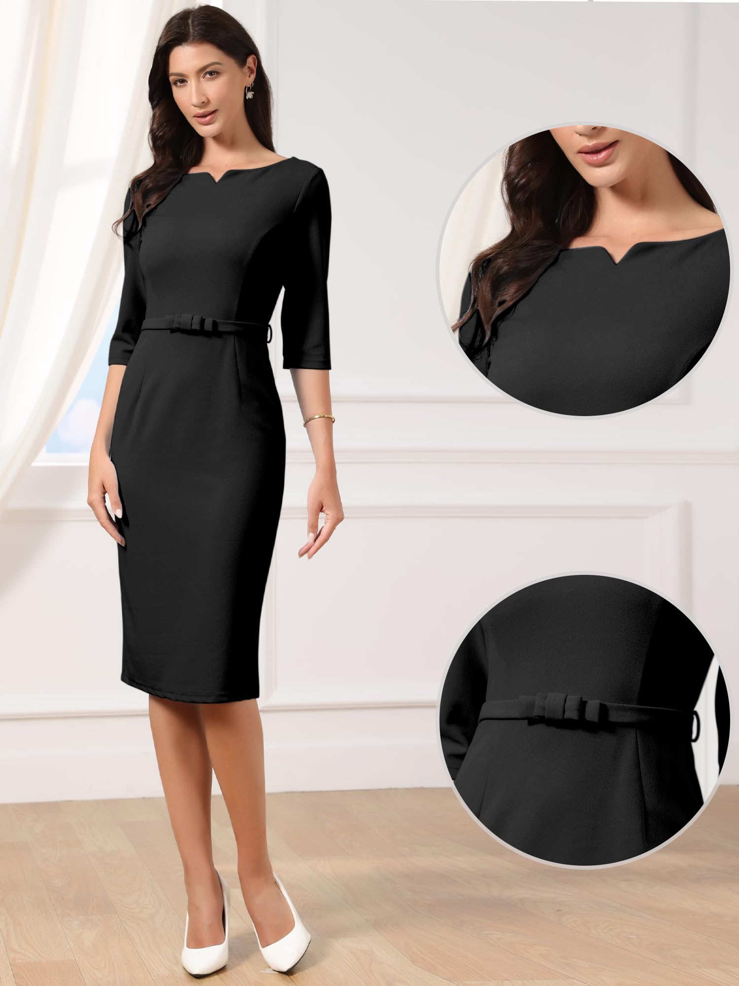 Allegra K Damen Midikleid mit Figurbetont 3/4-Ärmeln U-Boot-Ausschnitt Gürtel Arbeit Business Elegant Kleid