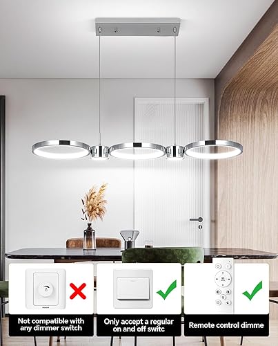 Miniatura 6 de Lámpara de araña LED moderna cromada de 54 W, 3000-6500K regulable moderna lámpara colgante con control remoto, luz de isla ajustable en altura para