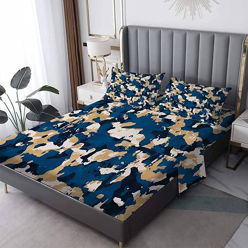 Juego de sábanas tamaño individual XL sábanas de camuflaje microfibra suave bolsillo profundo y sin arrugas patrón de camuflaje militar 3 piezas 1