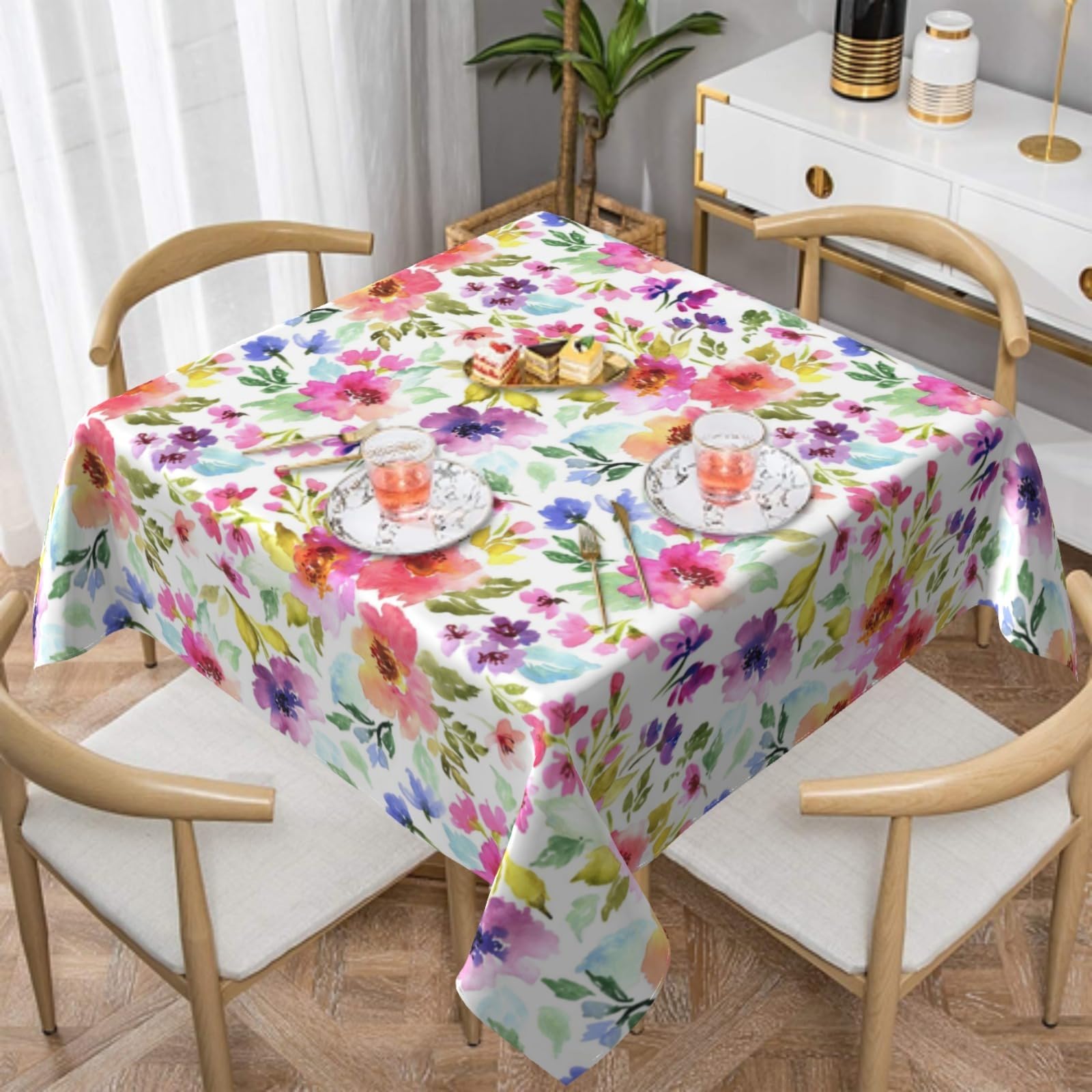FJQWKLF Spring Tablecloth 54×54 Inch Square Watercolor Floral Table Cloth Water-Resistant Spill-Proof Washable Fabric Tablecover for Kitchen Dining Party Picnic Indoor Outdoor