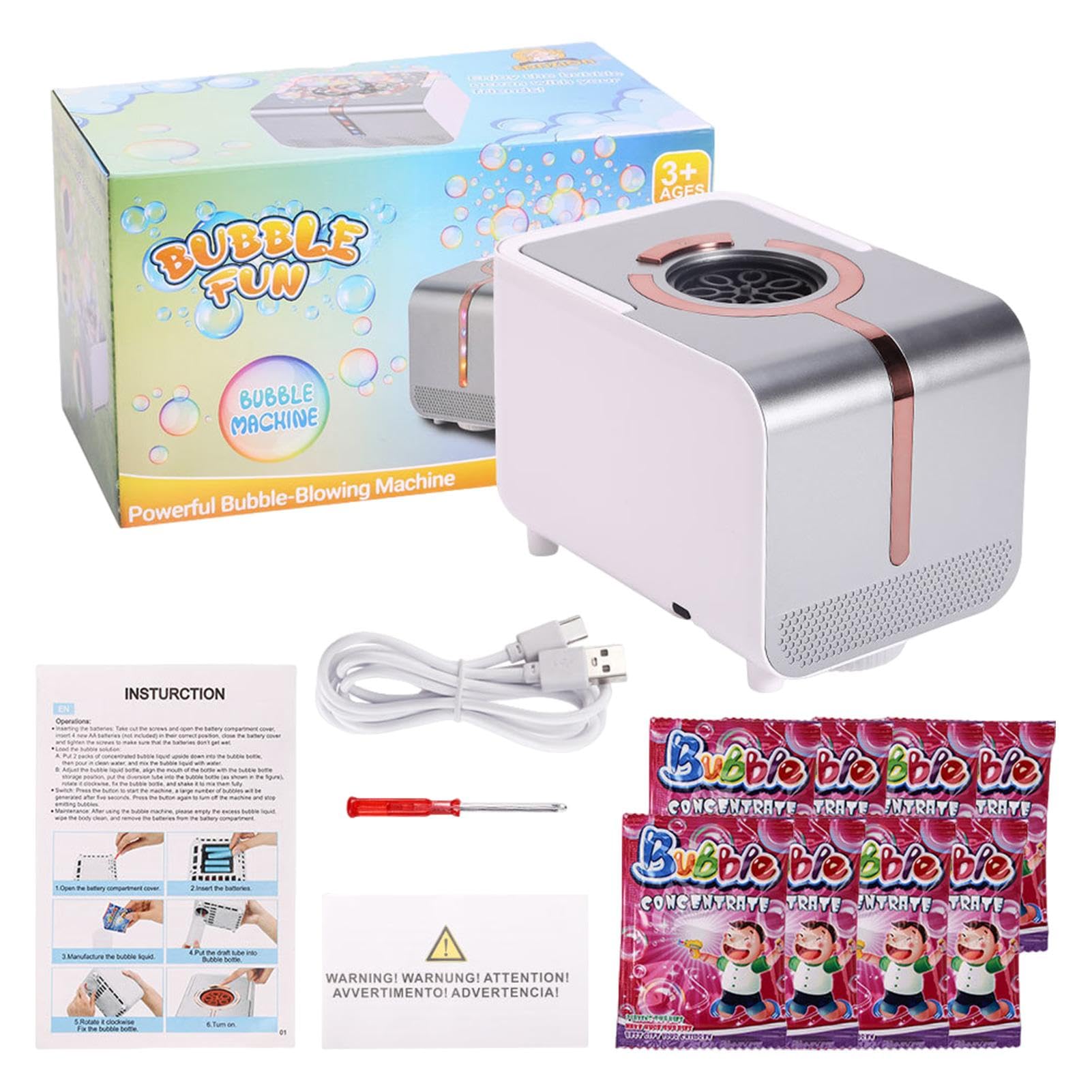 LearnLyrics Máquina automática de soplado de burbujas, Fabricante de burbujas para,Juguete de burbujas con luces LED - Incluye 12 paquetes de solución de burbuja, una máquina de burbujas para conectar