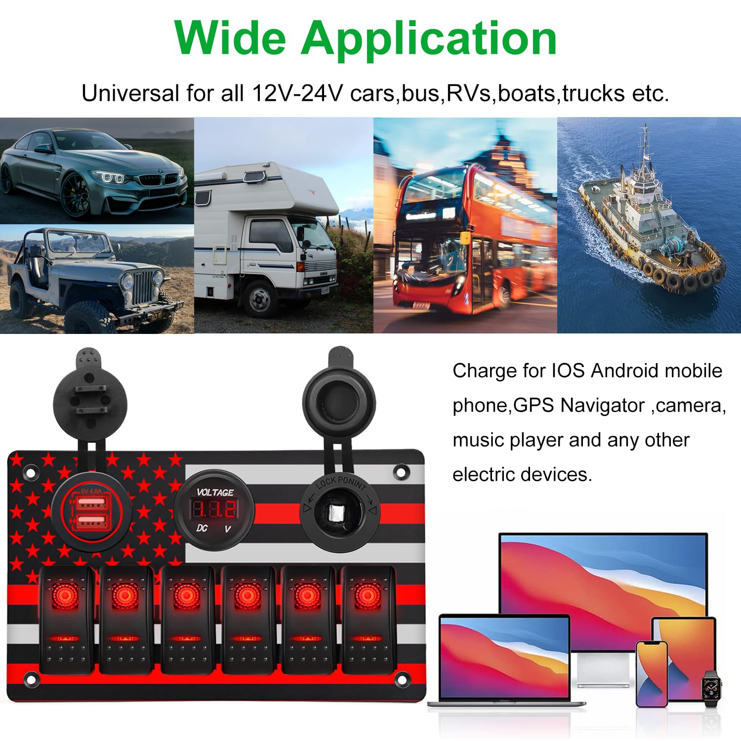 6 Gang Aluminum Switch Panel with American Flag Pattern 6Pin ON/Off Toggle Switch with 5V/4.8A Dual USB Car Charger Digital Voltmeter and Power Socket Waterproof Panel for Boat Car RV (Red)