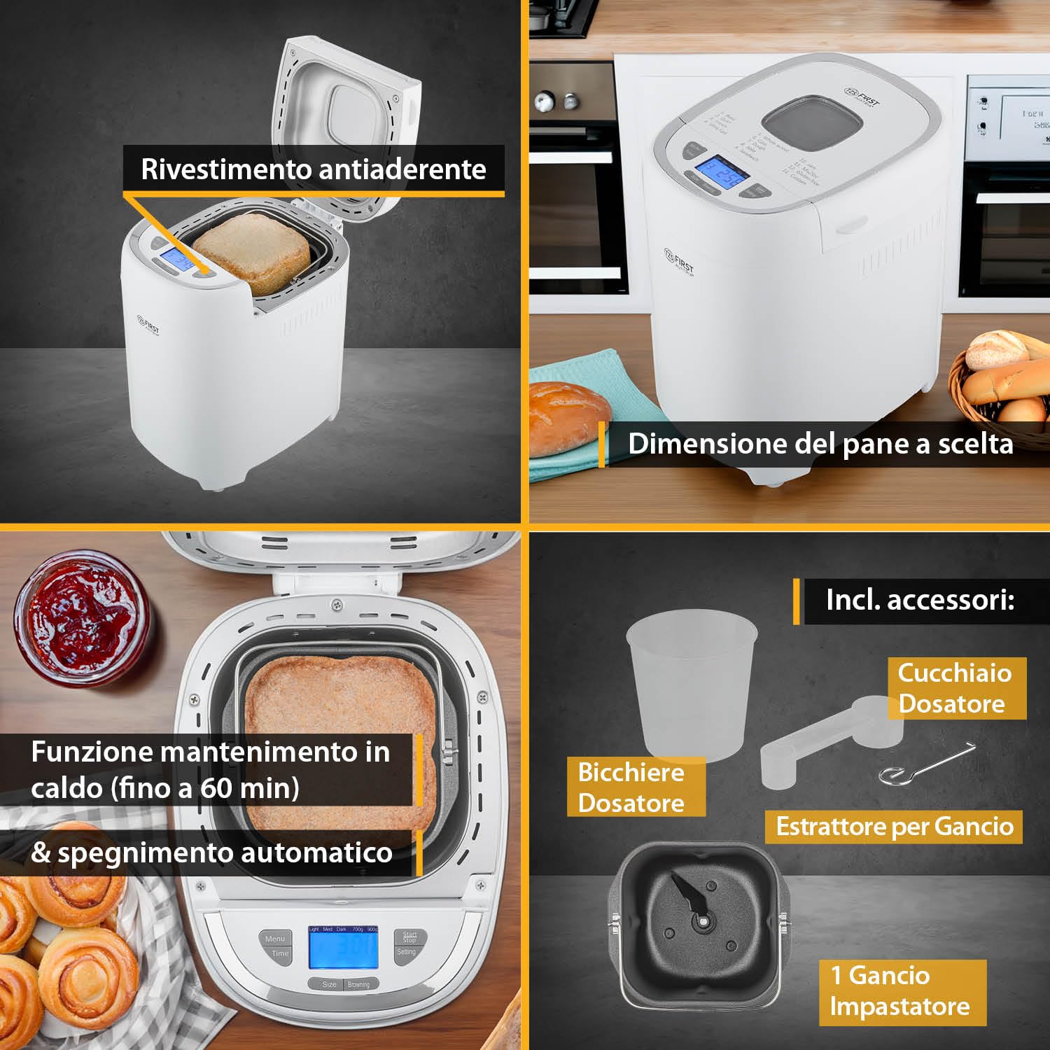 TZS First Austria Macchina per il pane con 13 programmi | 700-900 g di impasto | Timer, funzione di mantenimento in caldo | 550 W di potenza | Accessori inclusi