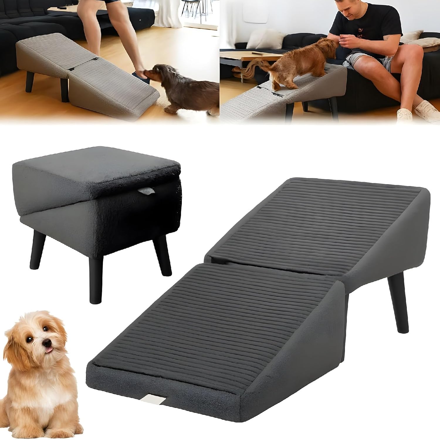 Dog Ramp for Couch, 2-in-1 Folding Ram Stair Wedges Pool Ramp Ottoman Ramp, Doggie Ramp for Dogs Cats Or Pets Footrest