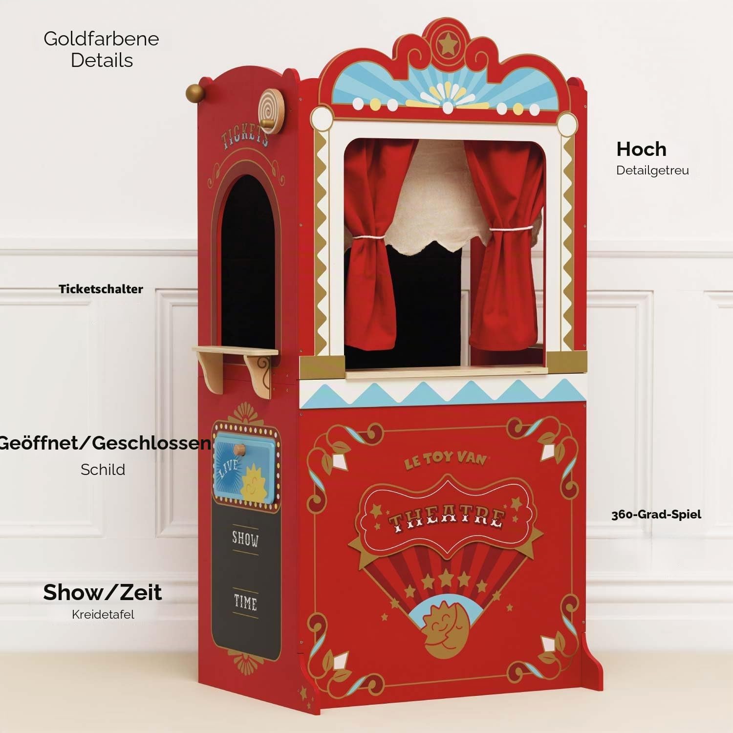 Le Toy Van - TV333 - Lernspiel ab 3 Jahren, große Holzpuppe und Puppentheater, 122 cm hoch, Montessori-Spielzeug, mit Wendeschild, 2 Tafeln, Vorhang mit echten Vorhängen