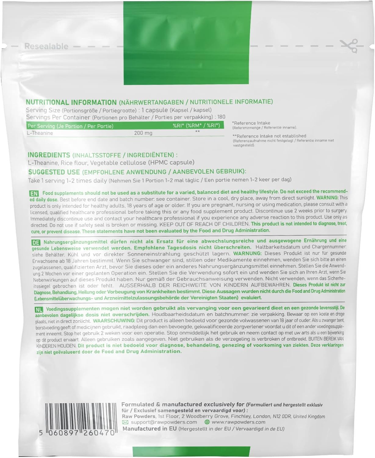 L-Theanine 200mg, 180 Capsules, Relaxation & Focus Support, Pure Ingredients, GMO & Gluten Free - Image 3