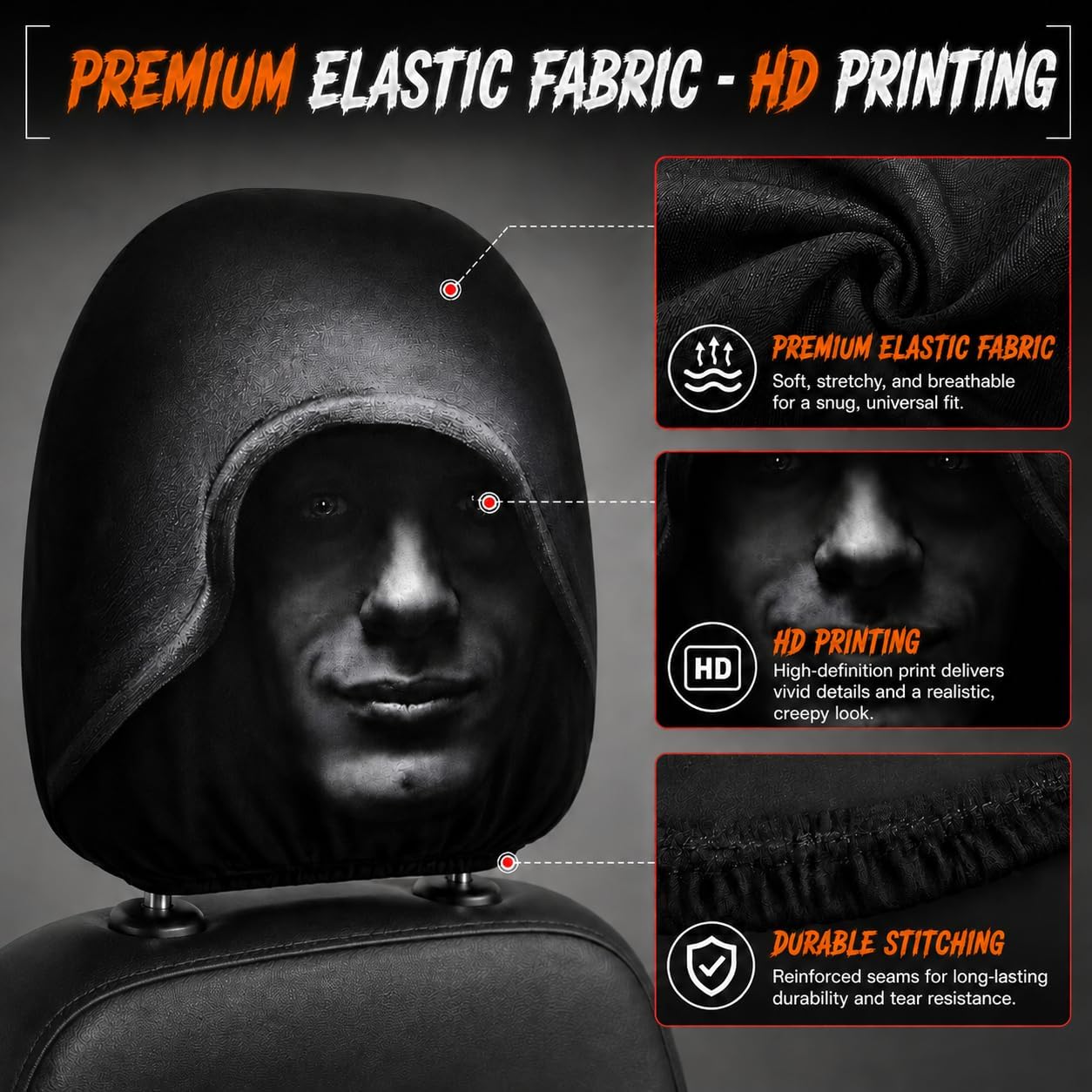 4PCS Scary Face Headrest Covers for Cars, Halloween Horror Car Accessories with Hooded & Creepy Face Designs, Stretchy Universal Headrest Protector for Sedan SUV Truck Interior Decoration image 4