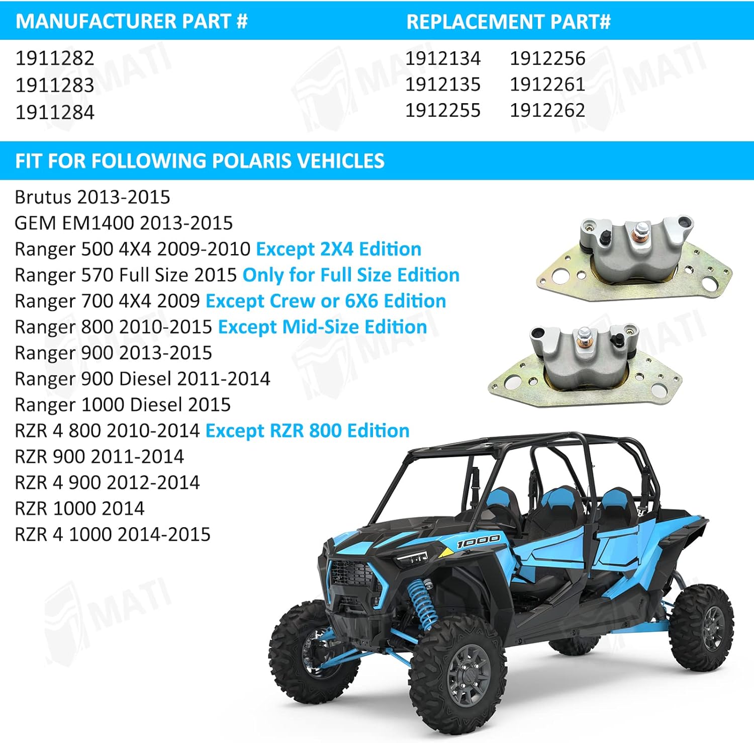 M MATI Front Left Right Brake Calipers for Polaris Ranger 800 Ranger 900 Ranger Diesel RZR 4 800 RZR 900 1000 Ranger 500 570 700 Brutus GEM 1911282 1911283 1911284