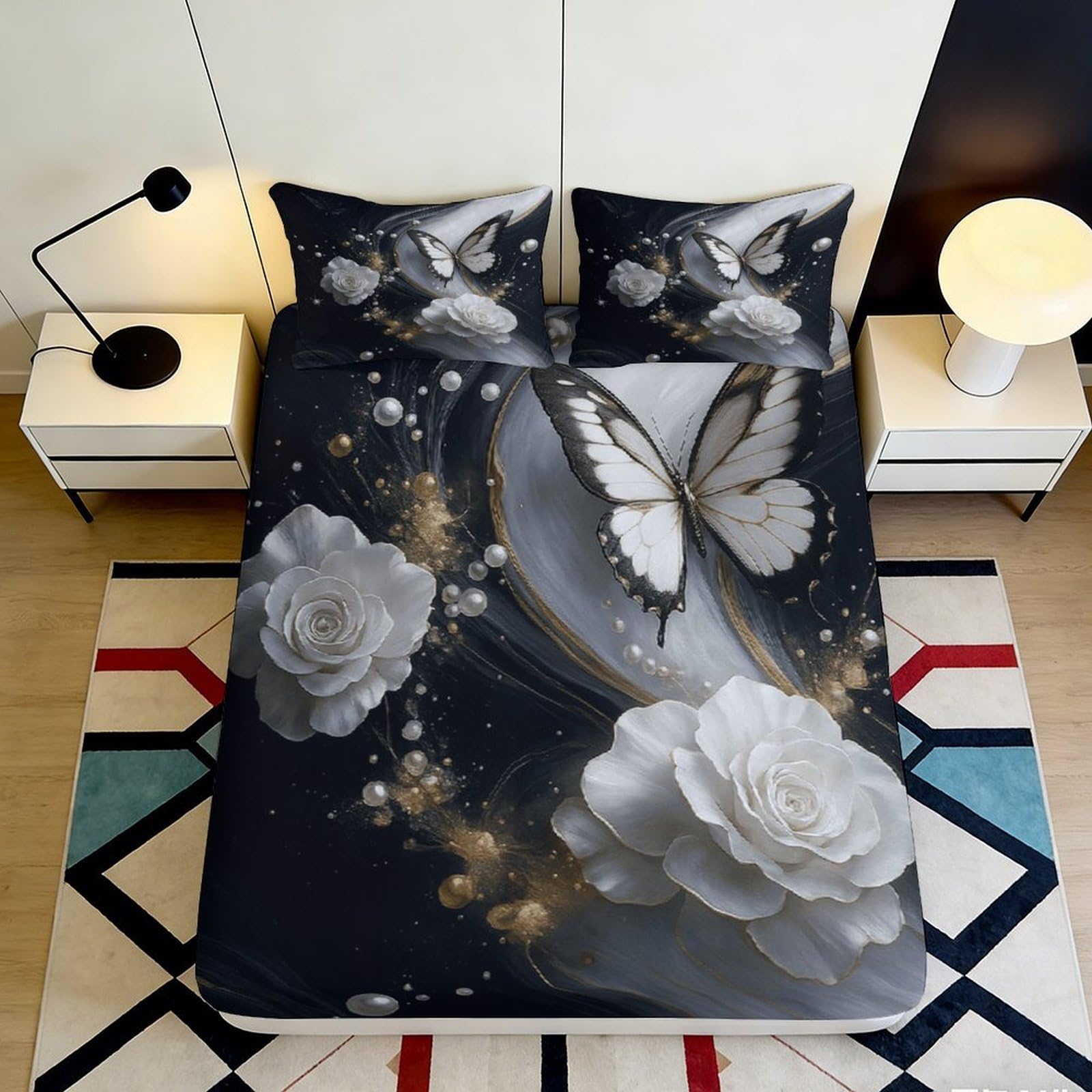 Zfldkwgb Style-1 3D Printed Black Butterfly Fitted Sheet Microfiber Soft White Rose Mattress Cover For Bedroom Dorm Room Decor 90X200x25cm