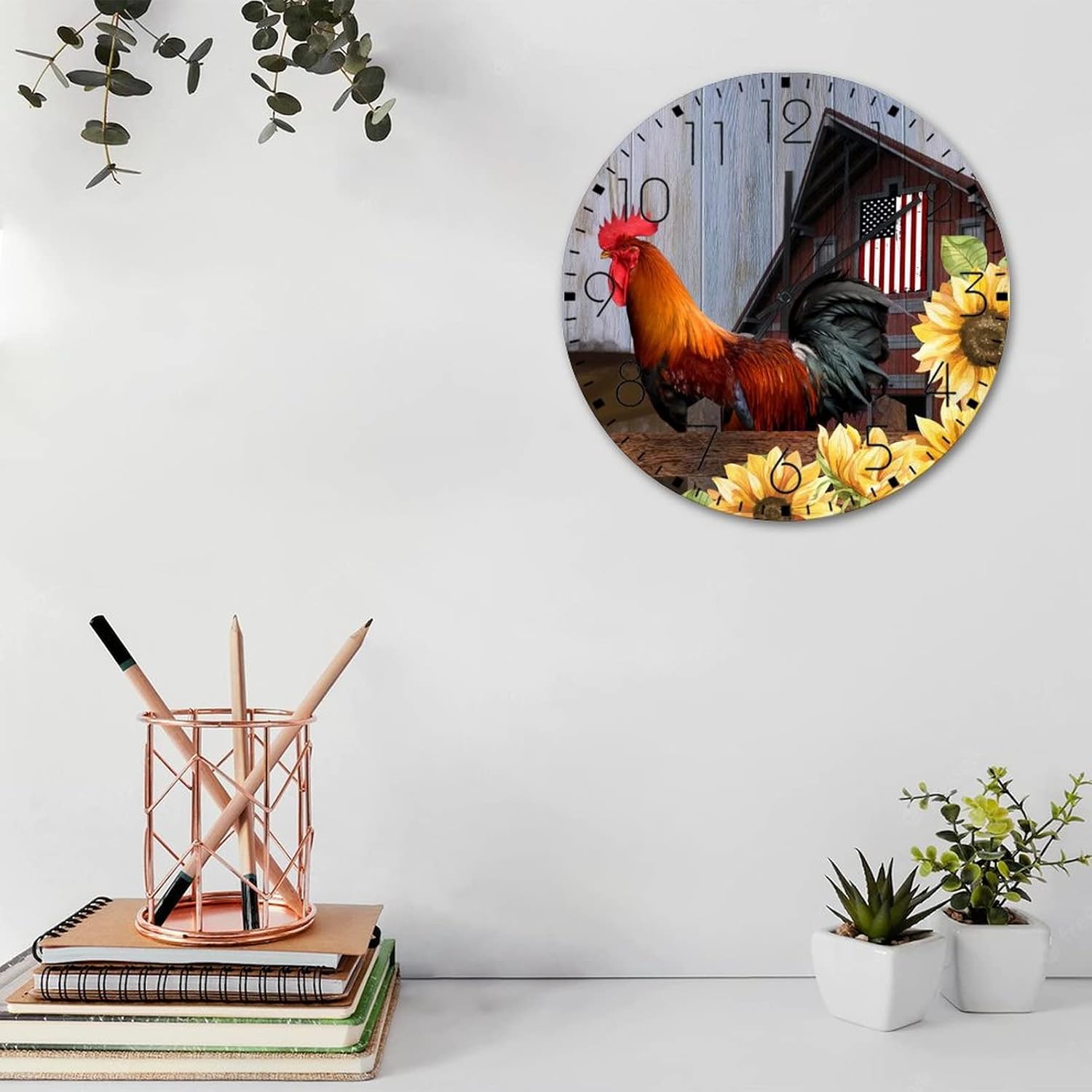 Wood Wall Clock Non-Ticking Quartz Battery Operated Rooster Barnyard Cockerel Design Sunflower Barn Rustic Wall Clocks Retro Rooster Oil Painting Sunflower Wall Decor for Entryway Garage Church 12"
