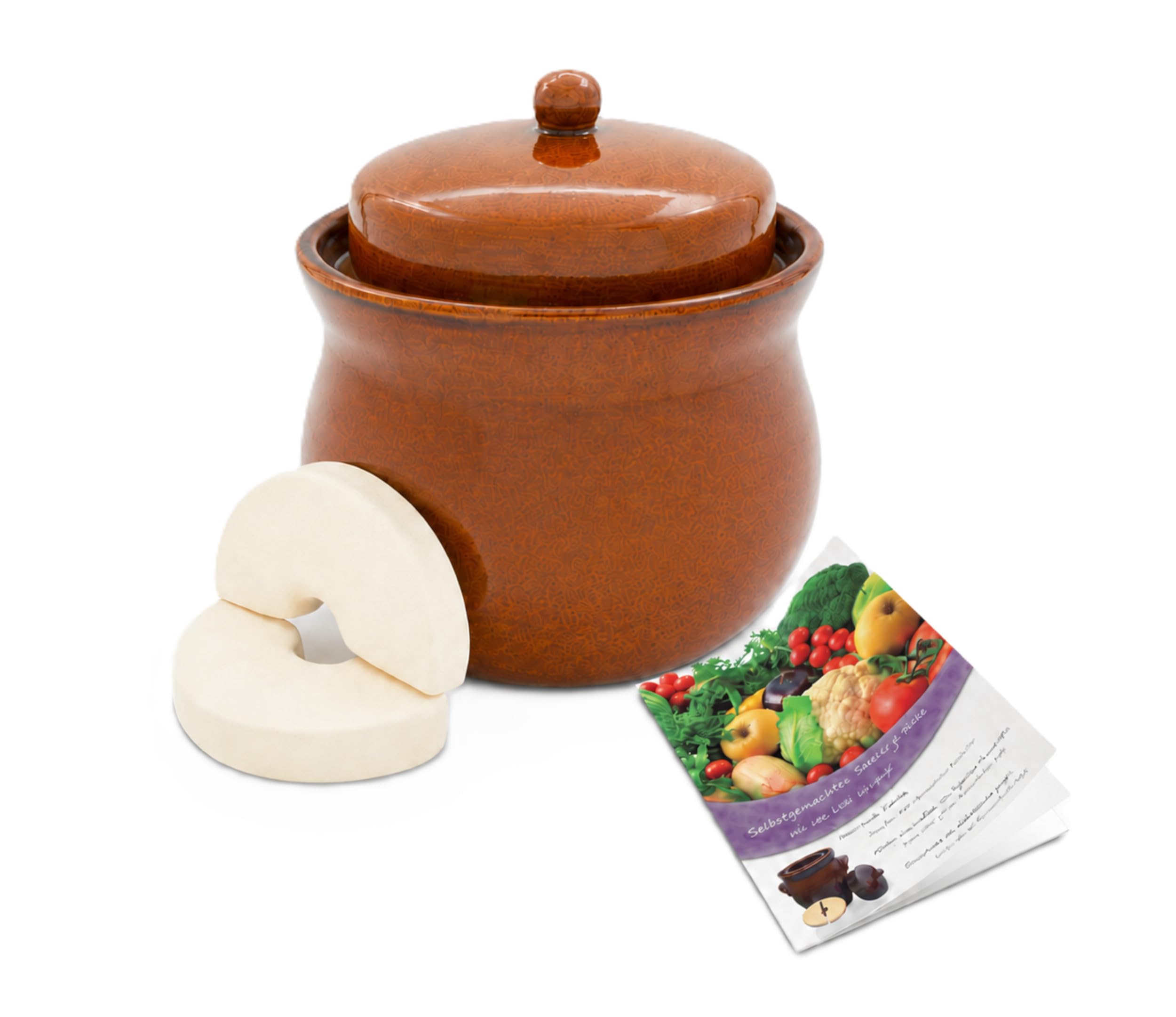 KERAZO Gärtopf 2 Liter aus Steinzeug Keramik inklusive Deckel + Stein + Anleitung [Form 2] BRAUN - Gurkentopf Einlegetopf Rumtopf Fermentation