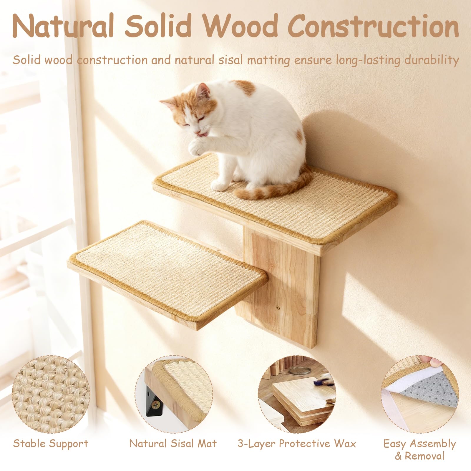 Pared de escalada para gatos con 2 plataformas, 42 cm, para gatos montados en la pared, con alfombrilla de sisal, estante de pared para escalada, jugar, arañar, color marrón